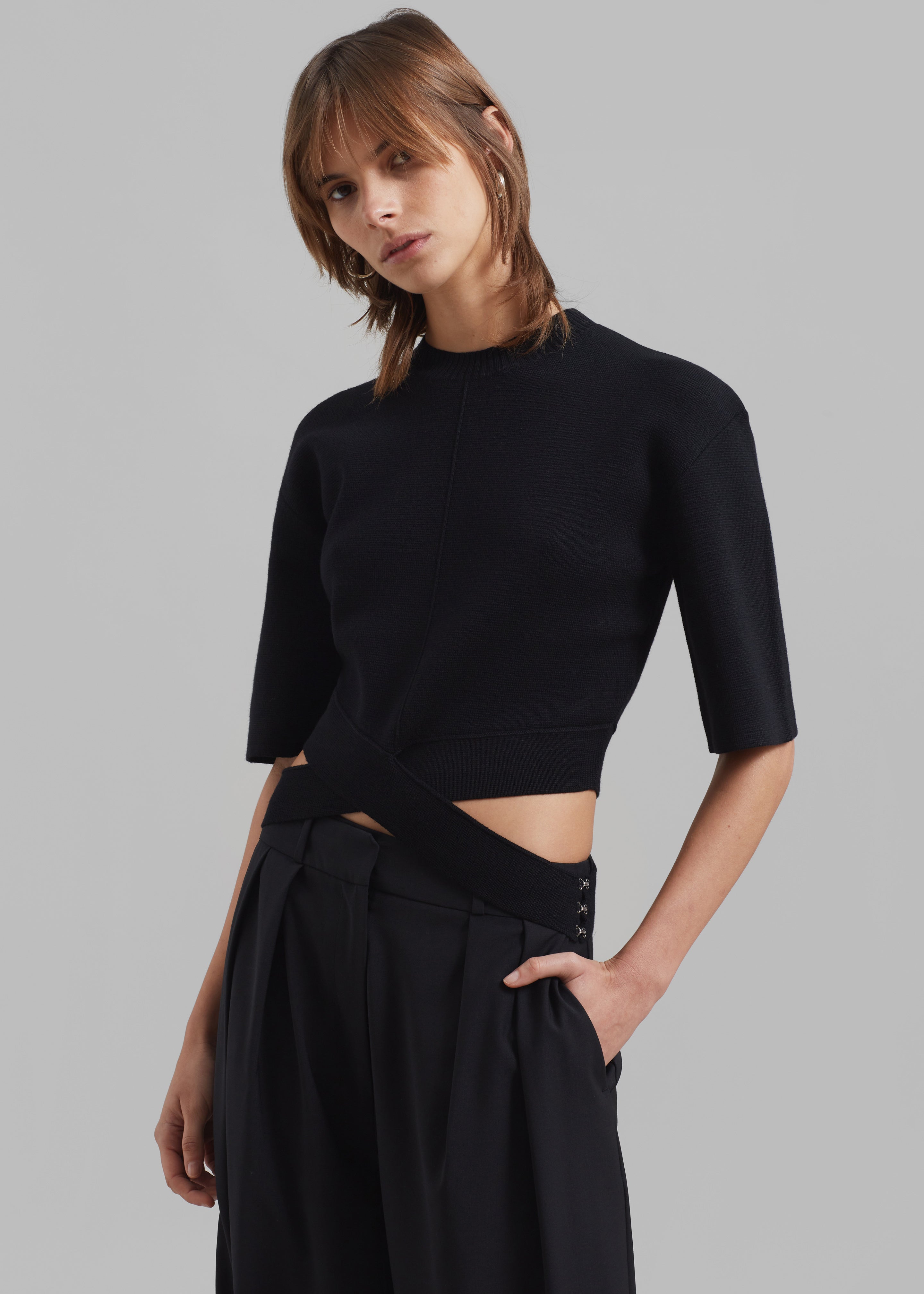 3.1 Phillip Lim Merino Cropped Cross Over Short Sleeve Pullover - Black - 1