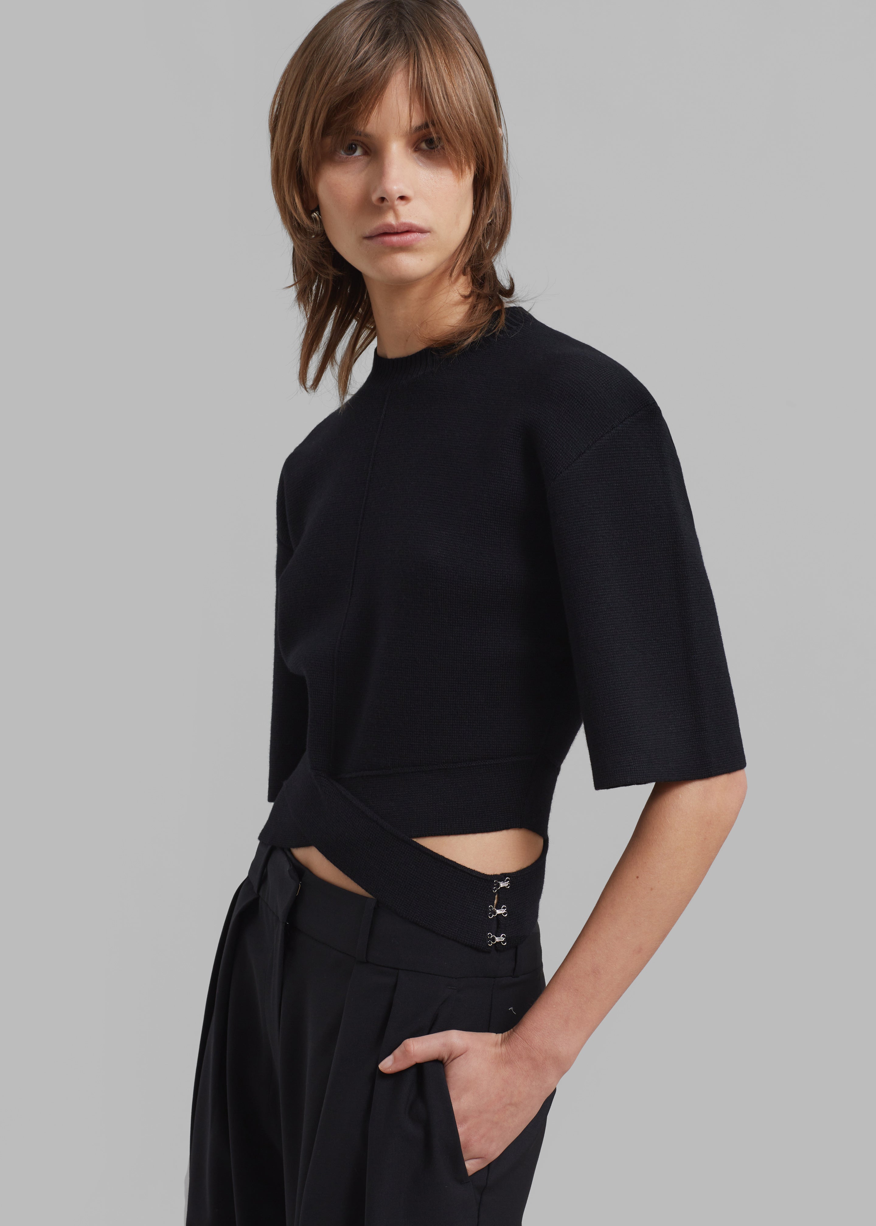 3.1 Phillip Lim Merino Cropped Cross Over Short Sleeve Pullover - Black - 3