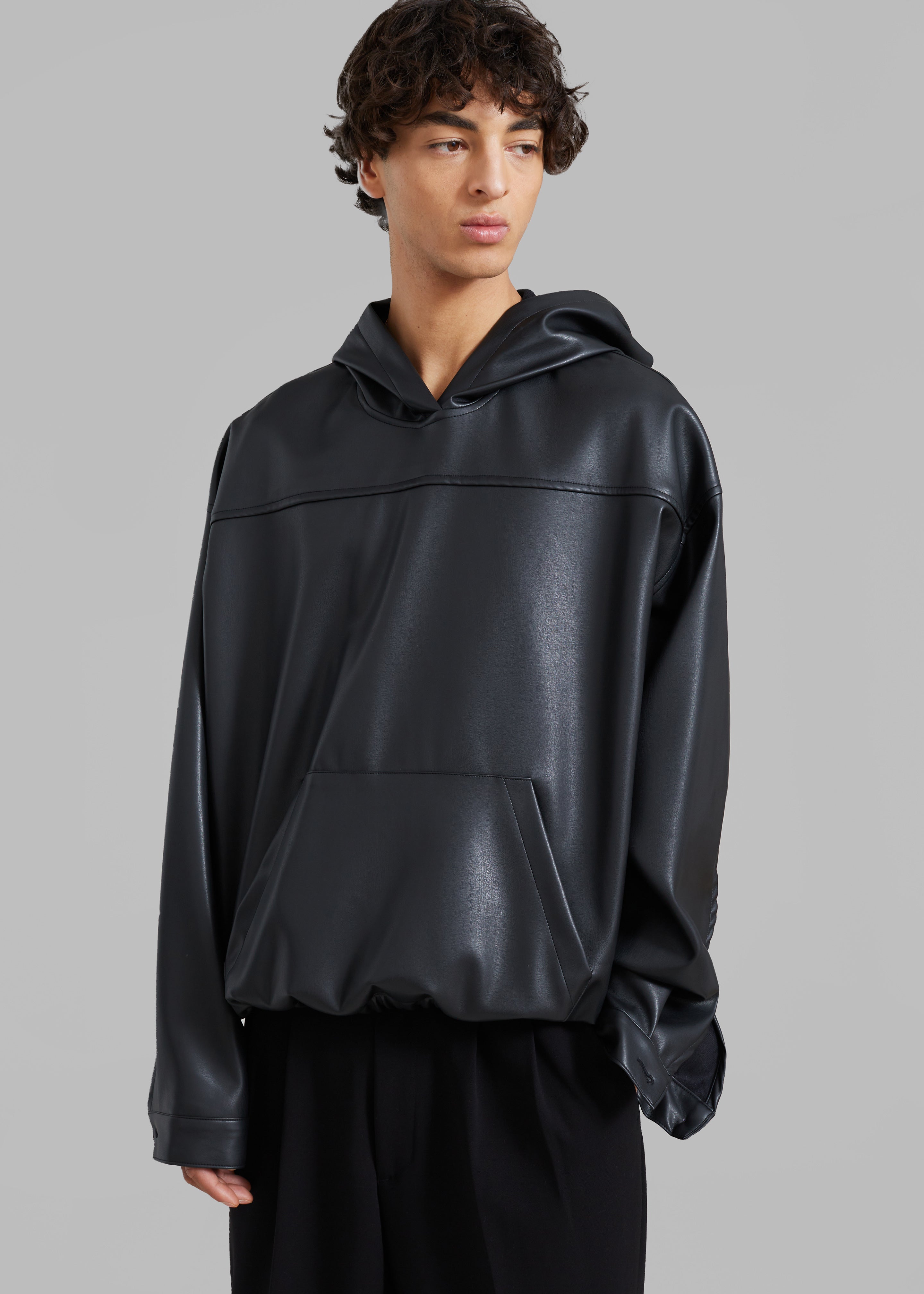 Aston Faux Leather Hooded Pullover - Black - 5