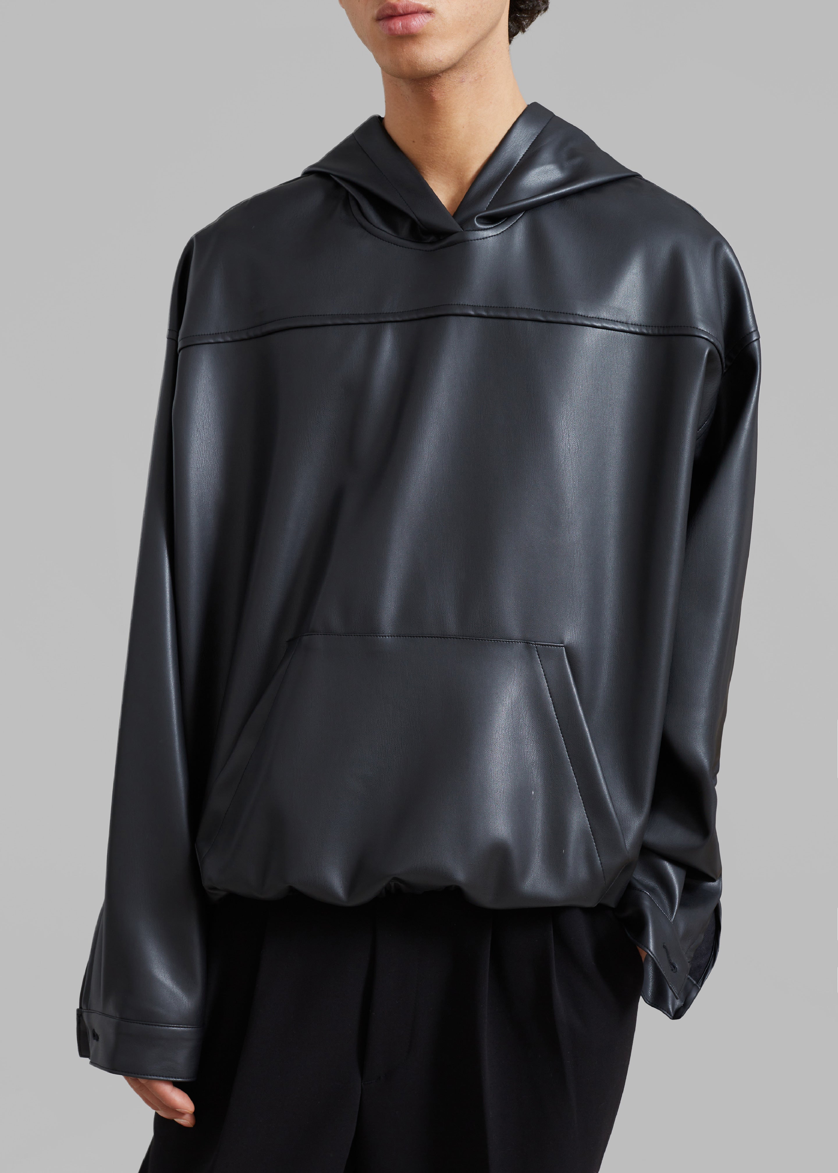 Aston Faux Leather Hooded Pullover - Black - 3