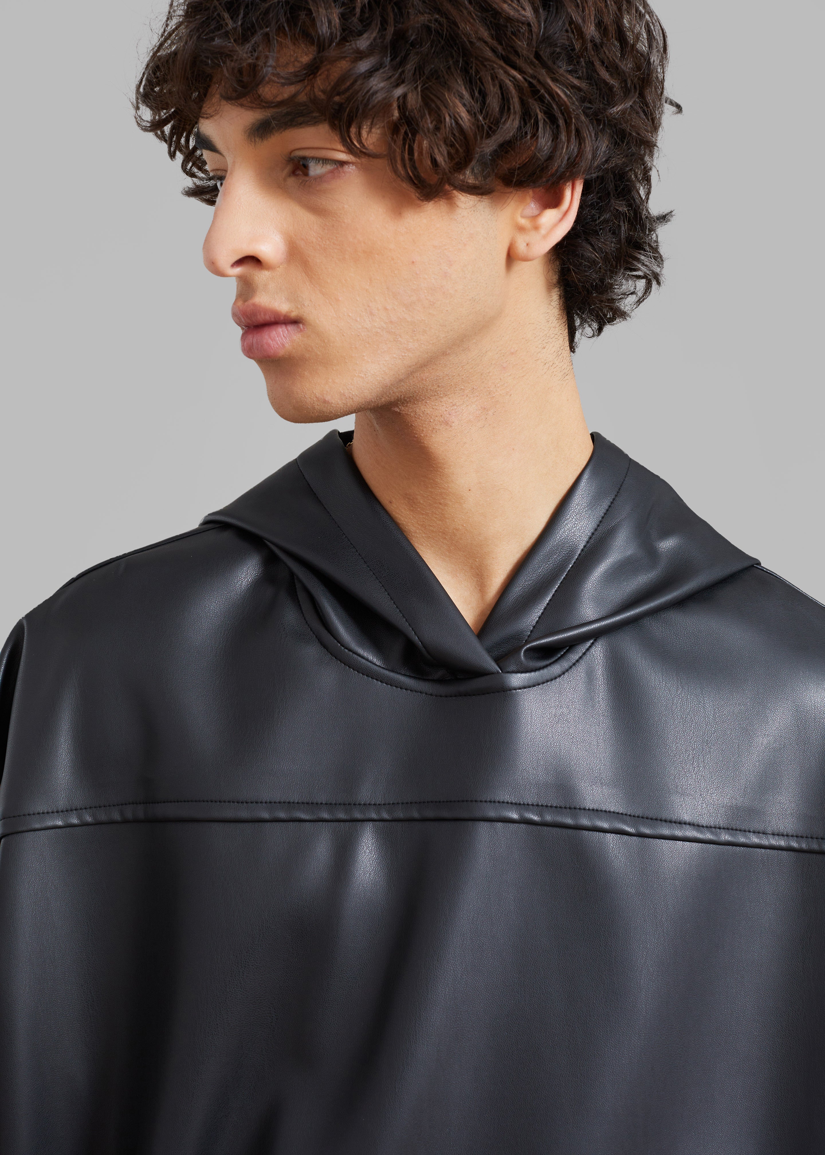 Aston Faux Leather Hooded Pullover - Black - 9