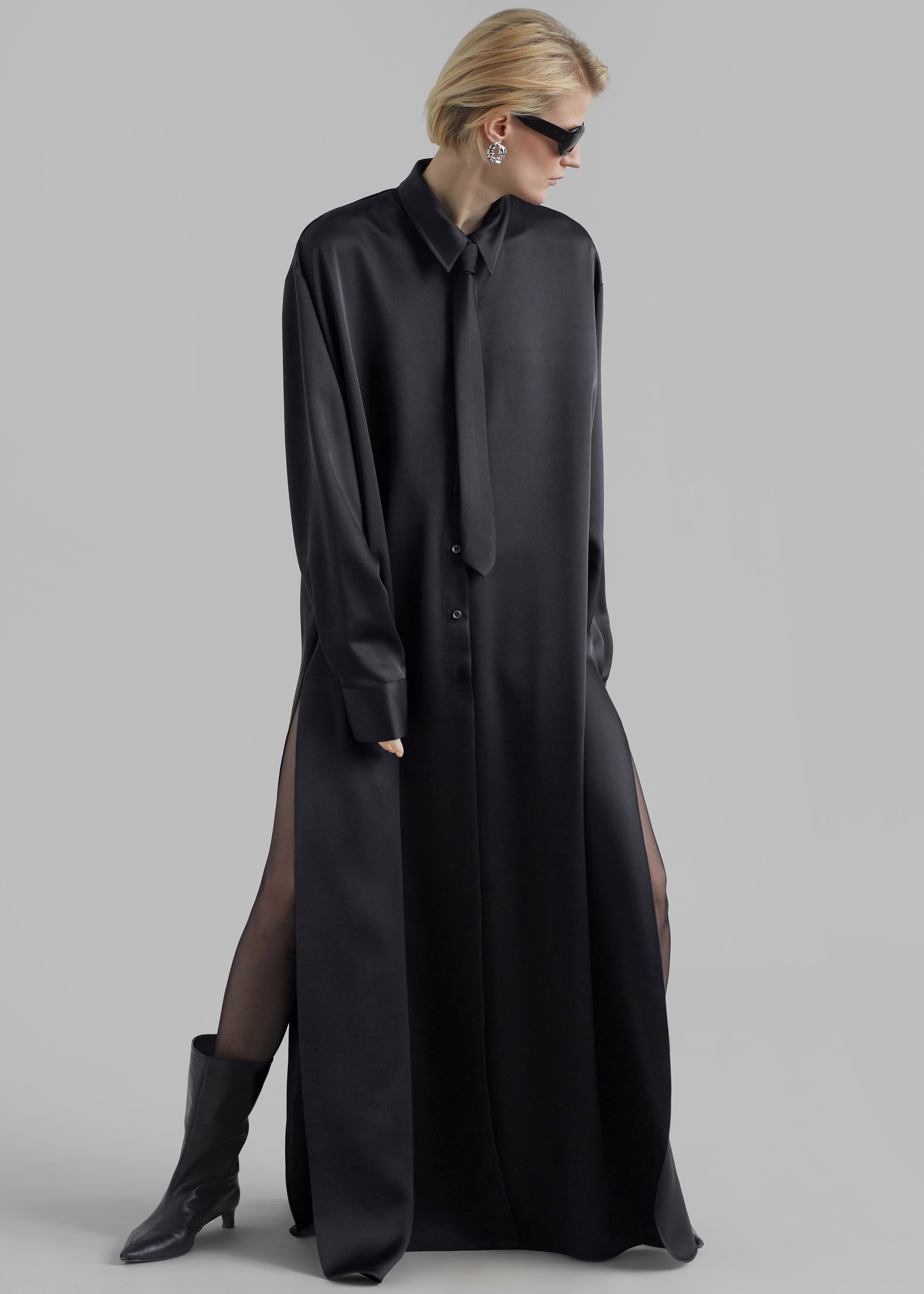 Avery Satin Shirt Dress - Black - 1