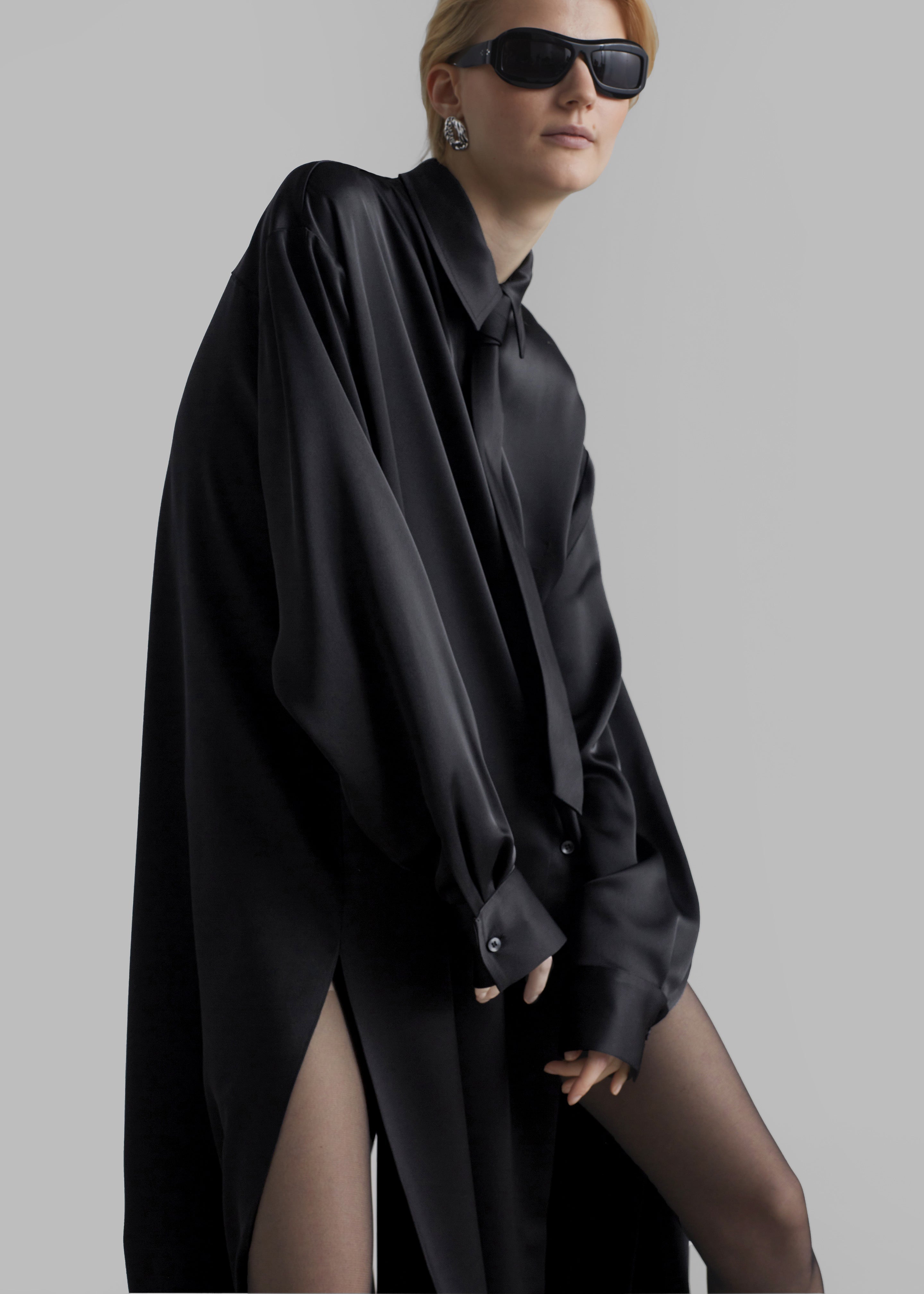 Avery Satin Shirt Dress - Black - 4