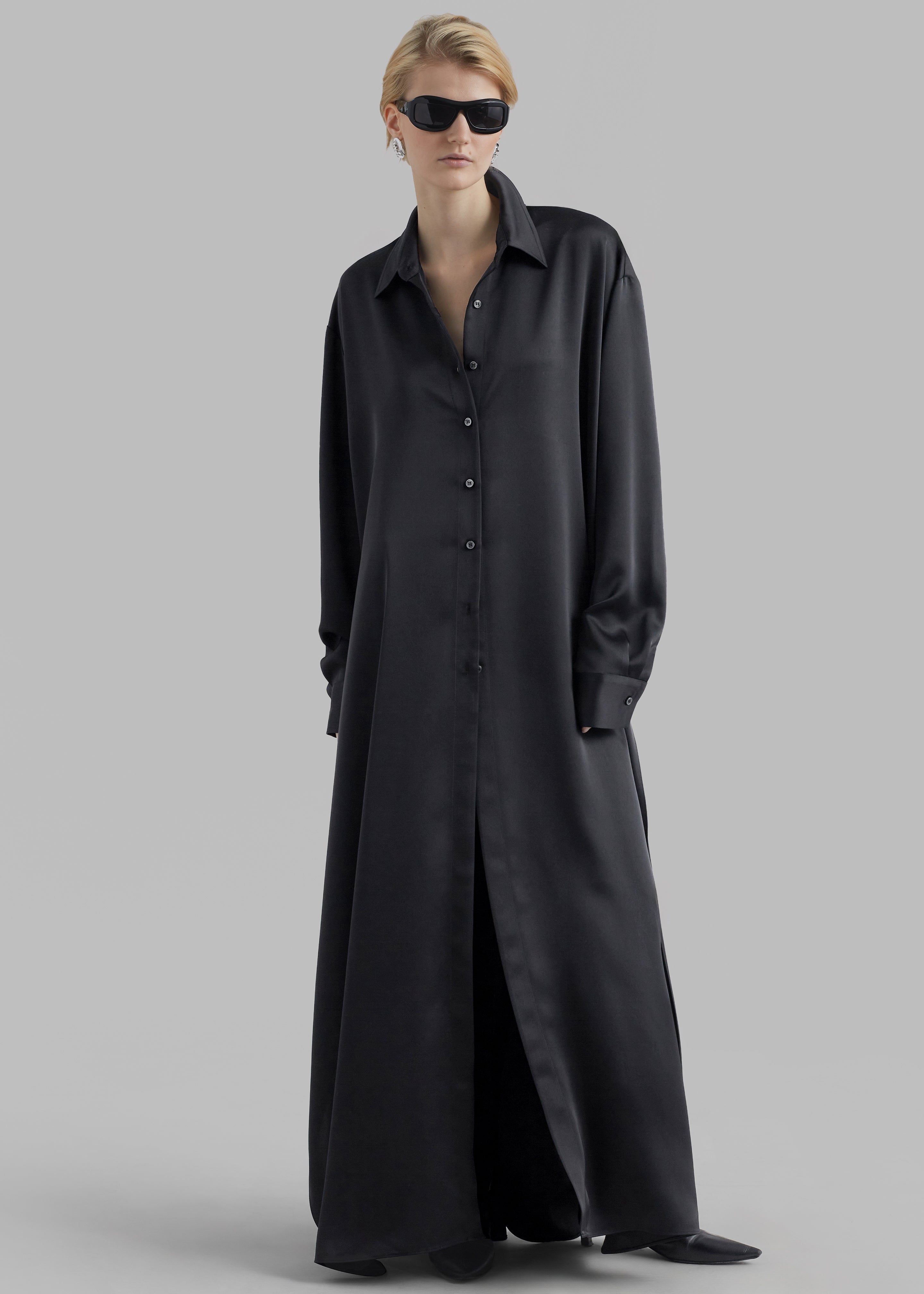 Avery Satin Shirt Dress - Black - 5