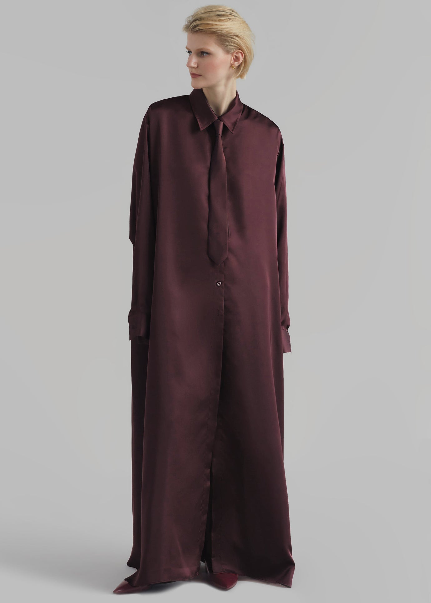 Avery Satin Shirt Dress - Burgundy - 1