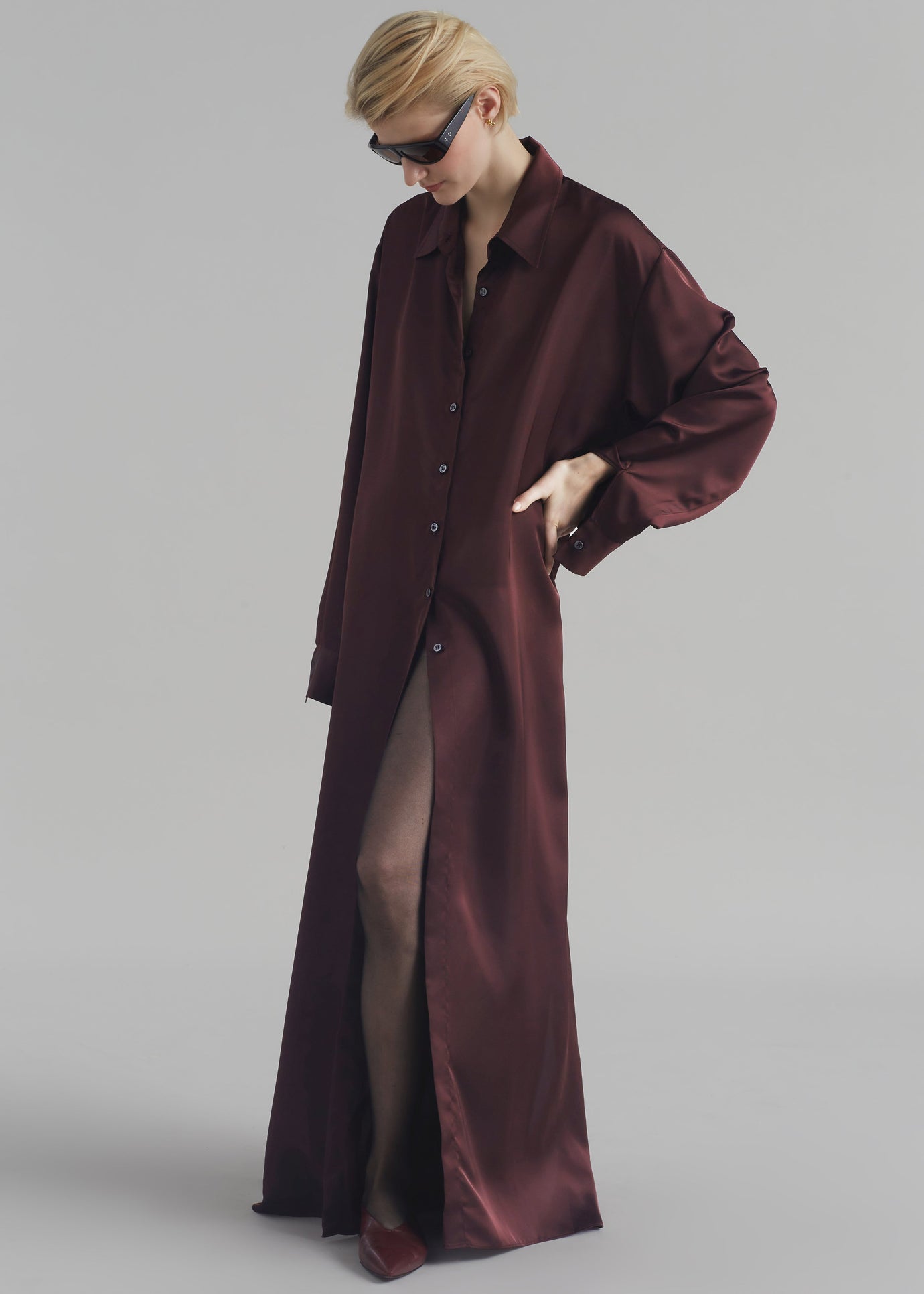 Avery Satin Shirt Dress - Burgundy