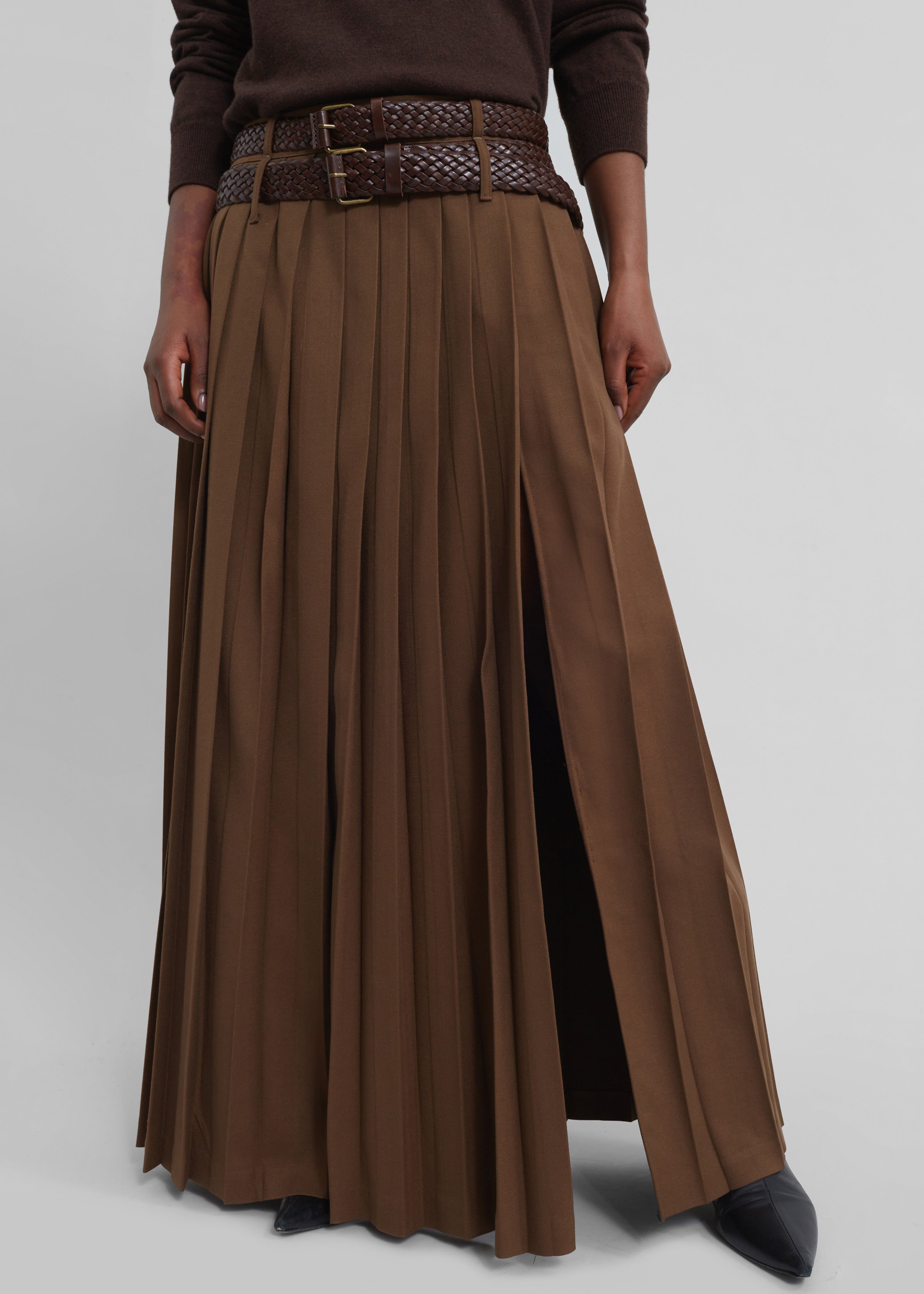Bailey Long Pleated Skirt - Brown - 5