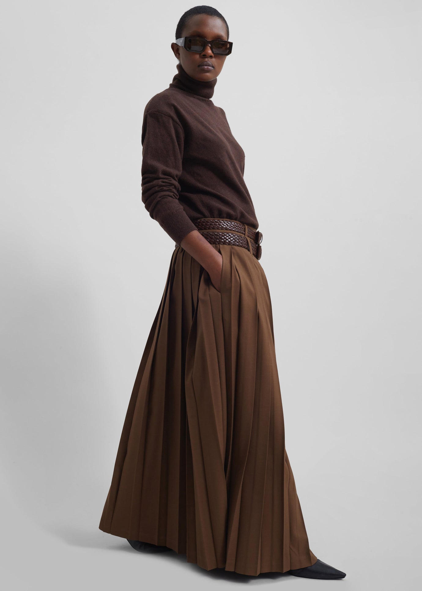 Bailey Long Pleated Skirt - Brown