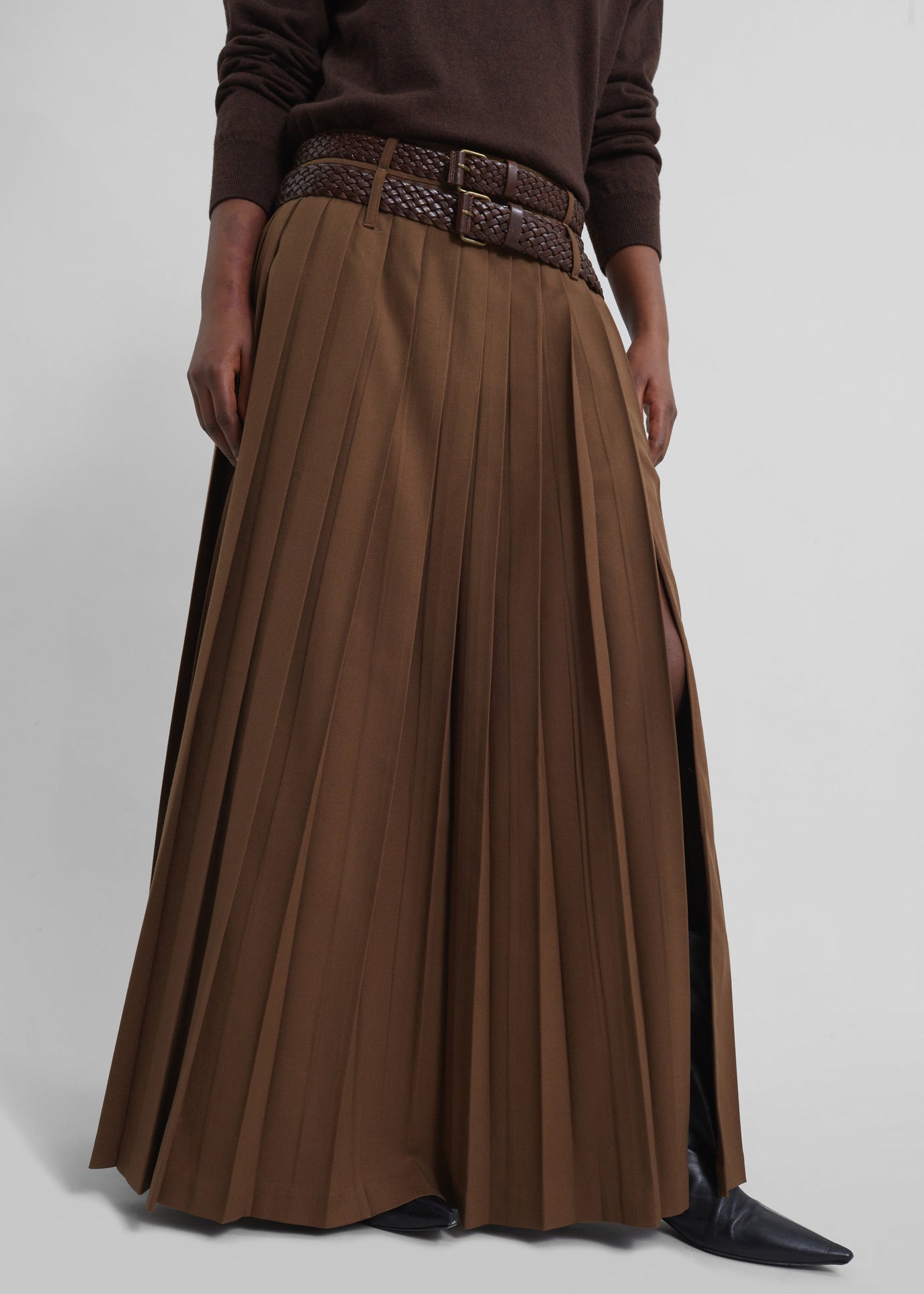 Bailey Long Pleated Skirt - Brown - 1