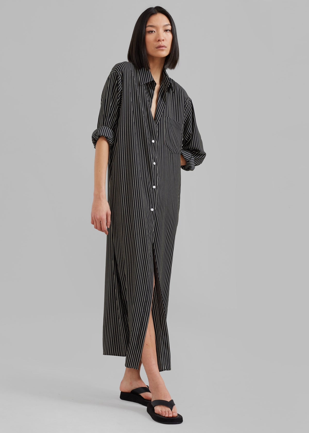 Cala Satin Shirt Dress - Black Pinstripe - 4