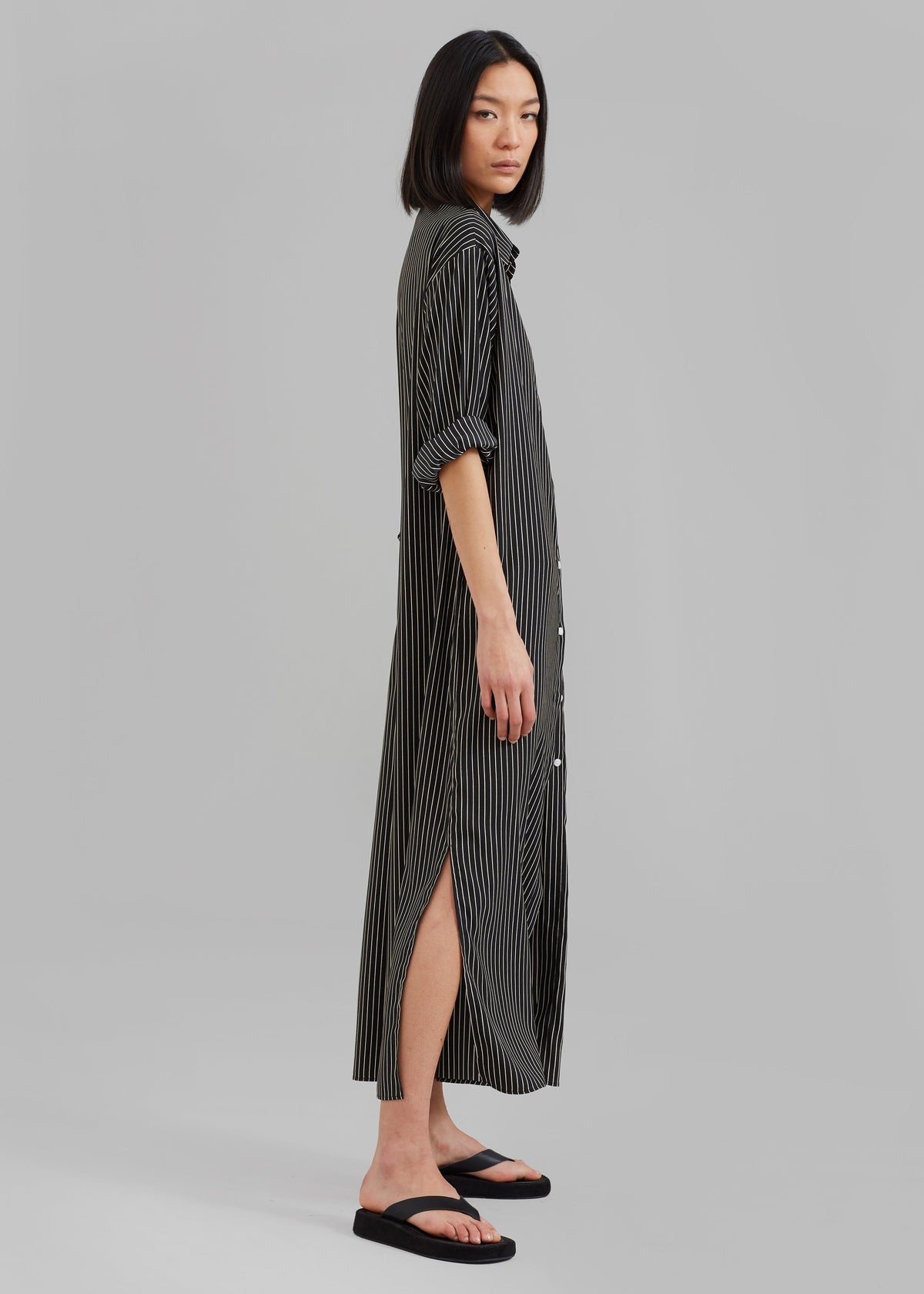 Cala Satin Shirt Dress - Black Pinstripe - 7