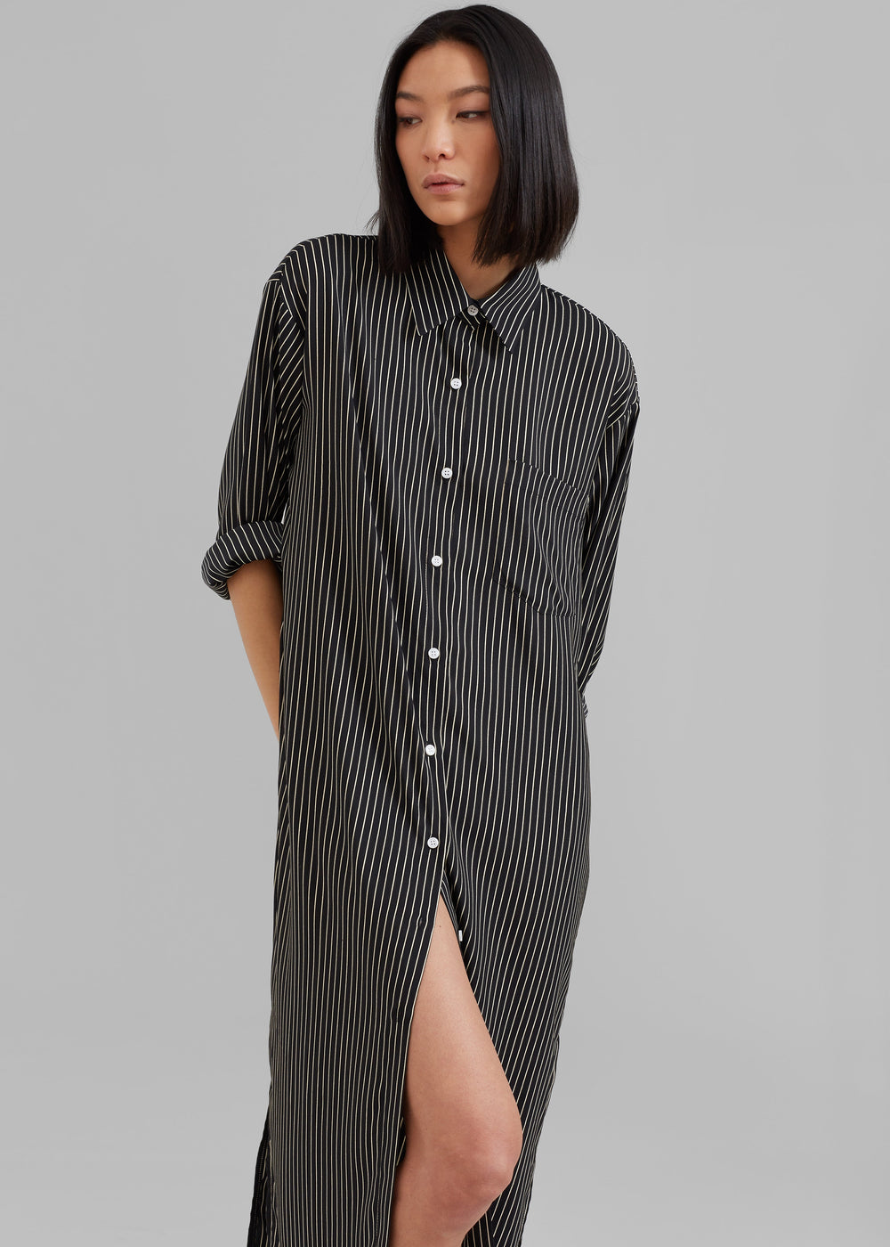 Cala Satin Shirt Dress - Black Pinstripe