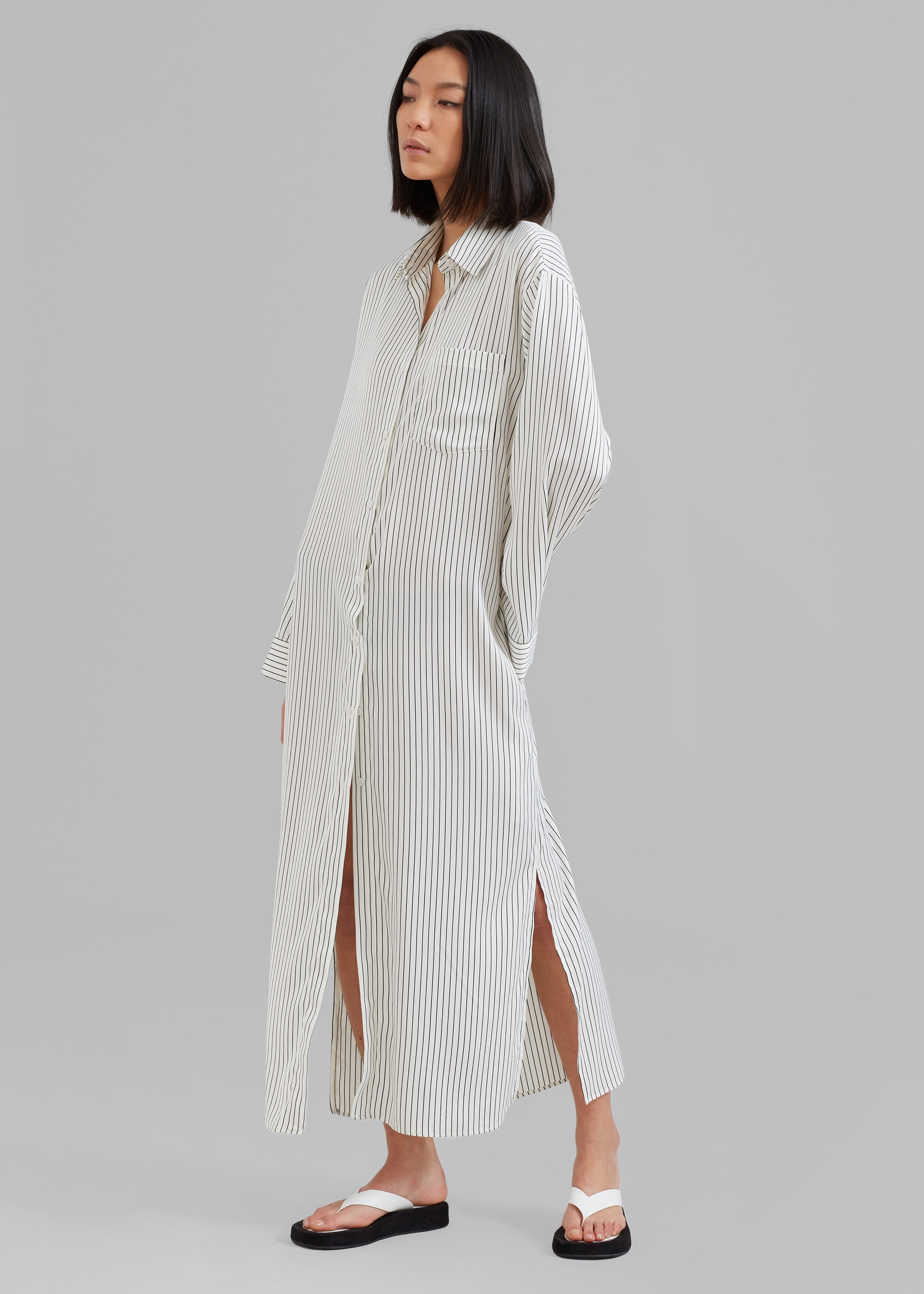 Cala Satin Shirt Dress - White Pinstripe - 1