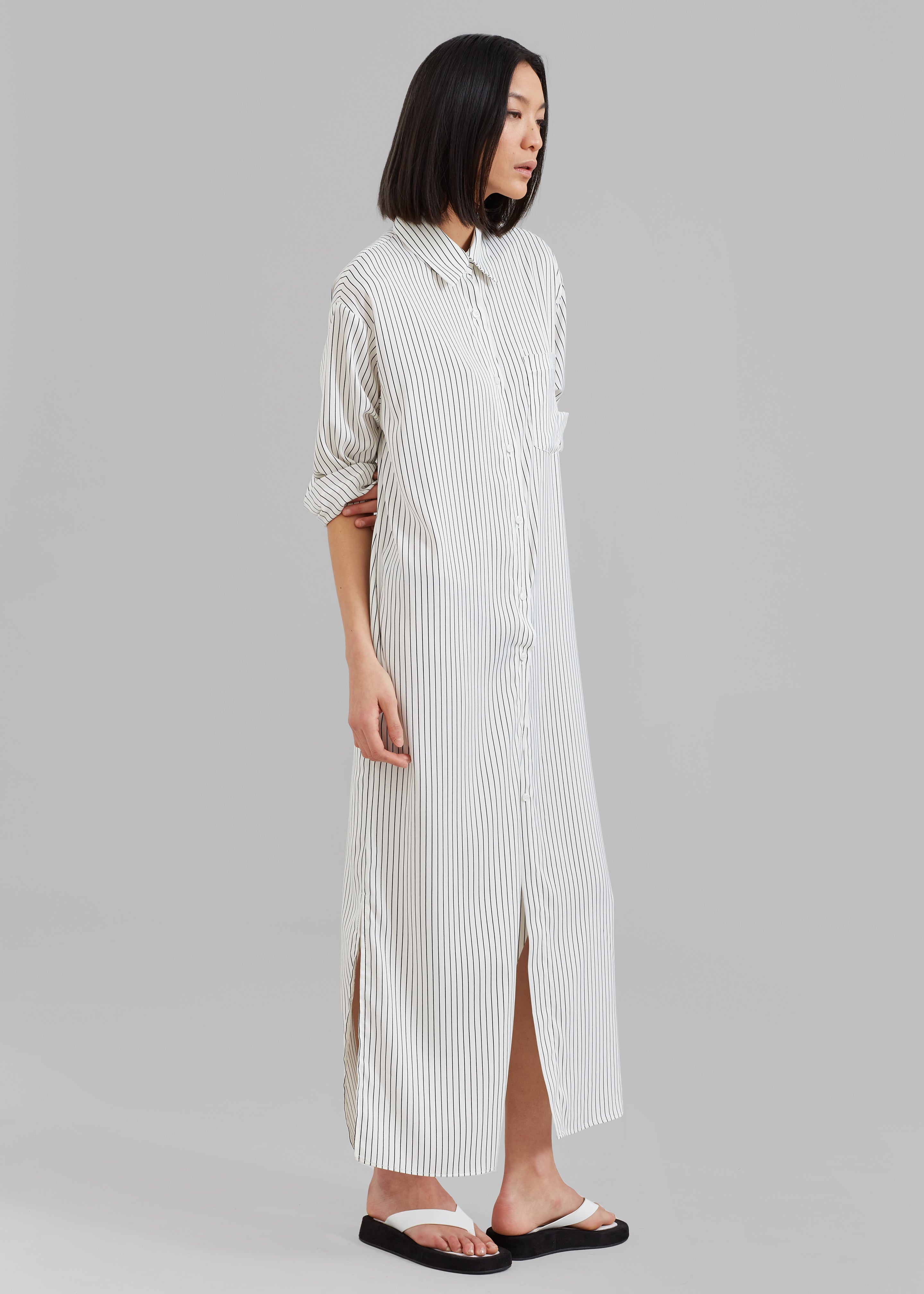Cala Satin Shirt Dress - White Pinstripe - 3