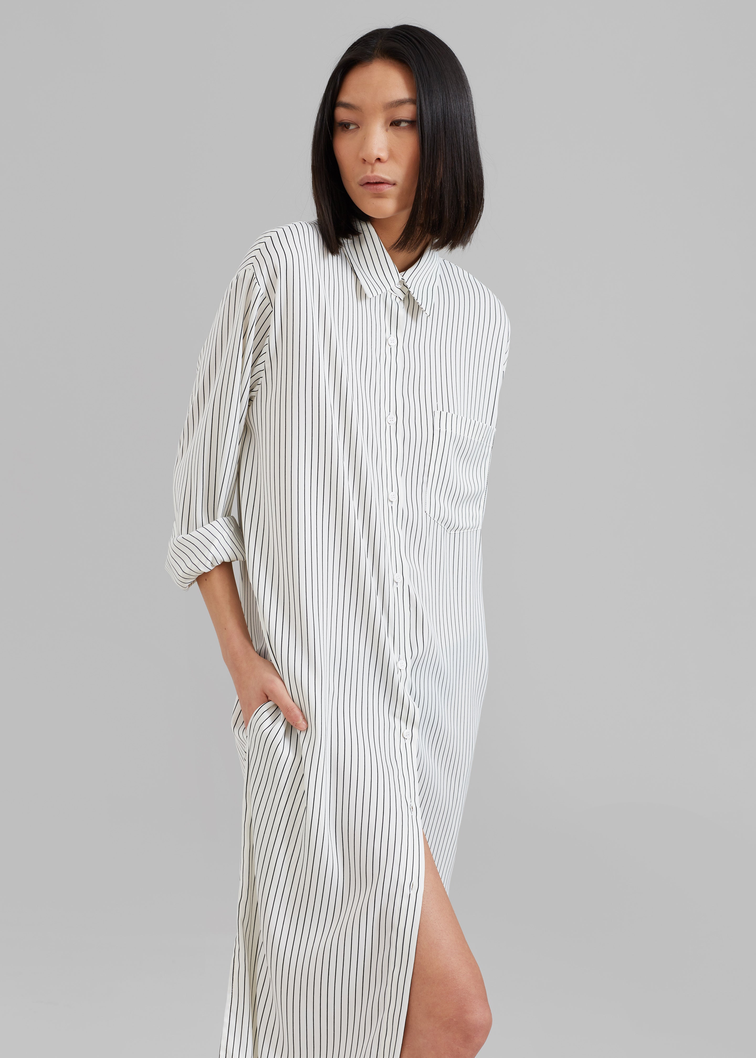 Cala Satin Shirt Dress - White Pinstripe - 2
