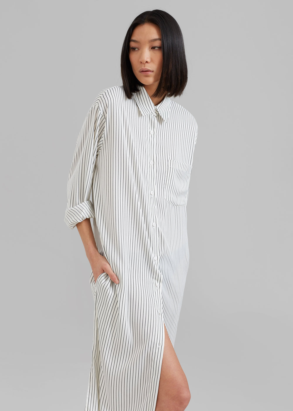 Cala Satin Shirt Dress - White Pinstripe - 1