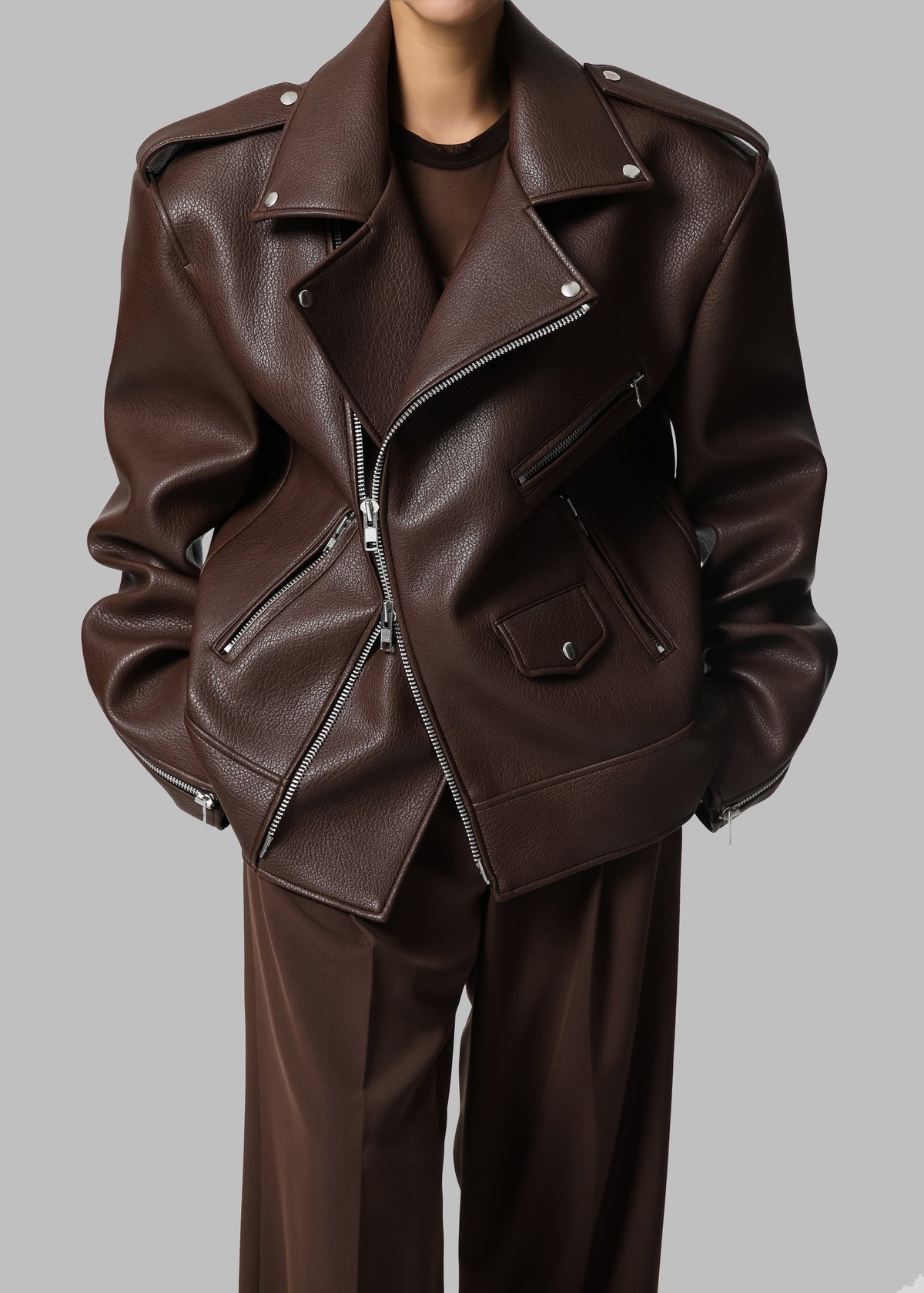 Chicago Oversized Biker Jacket - Brown - 3