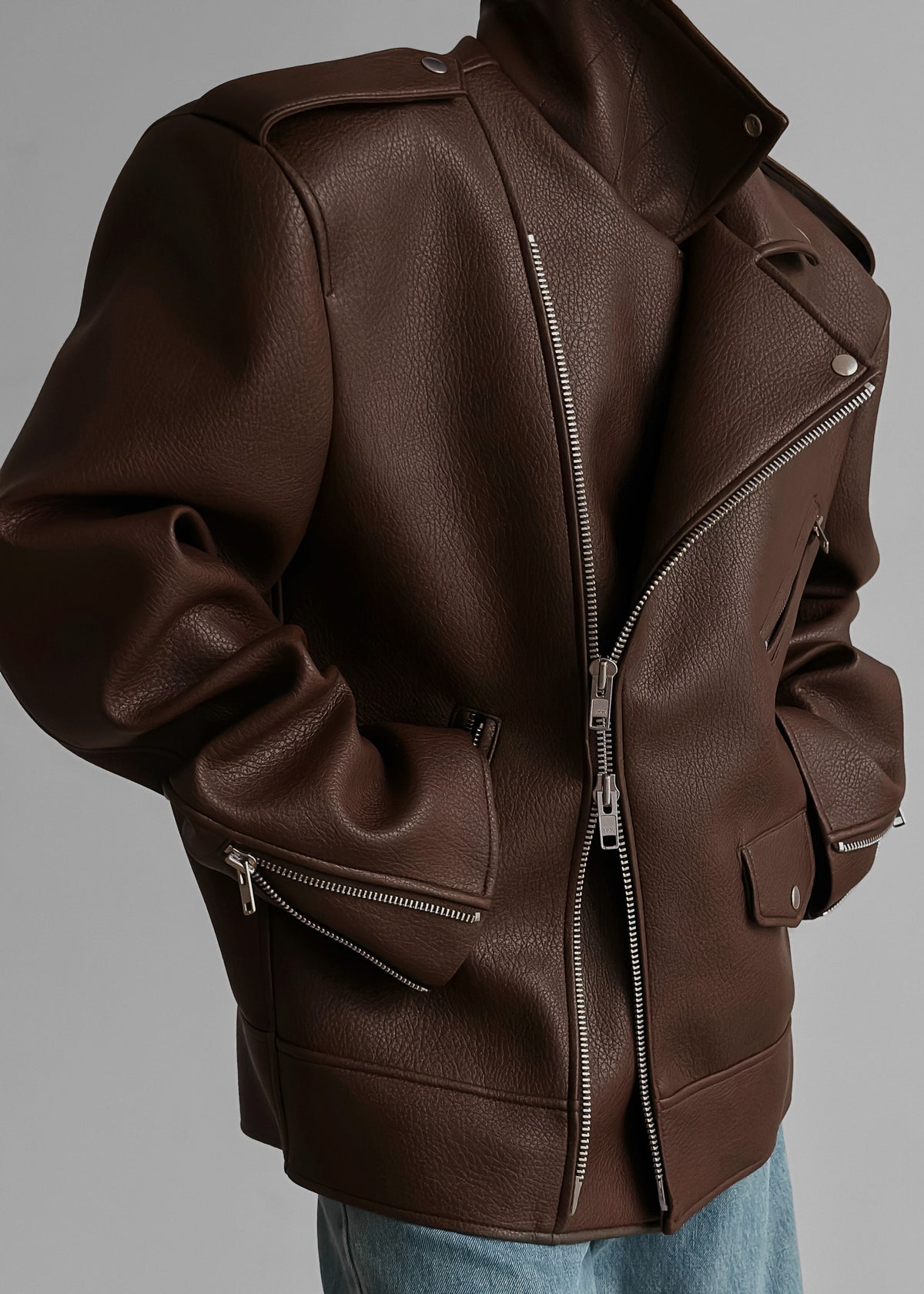 Chicago Oversized Biker Jacket - Brown - 10