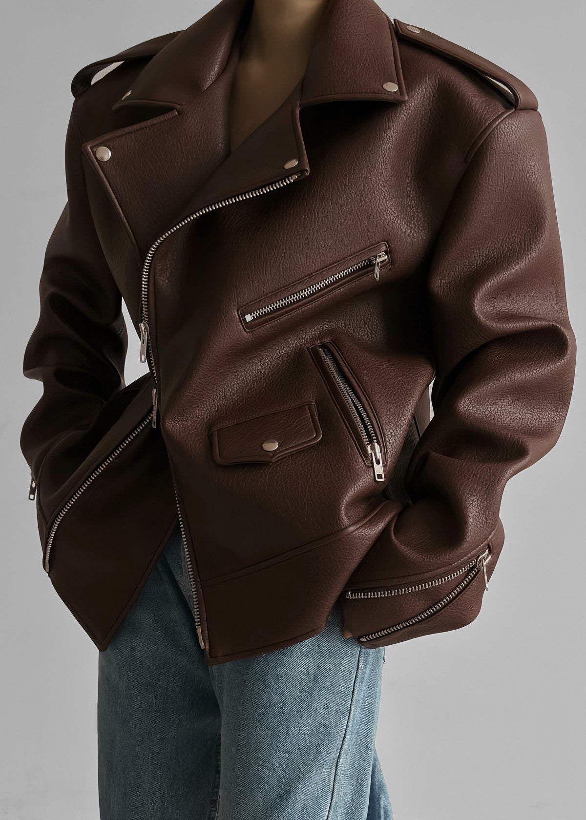 Chicago Oversized Biker Jacket - Brown - 9