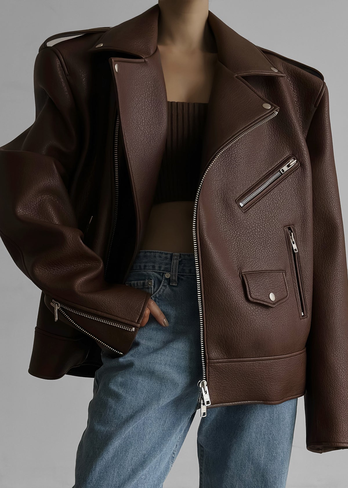 Chicago Oversized Biker Jacket - Brown - 7