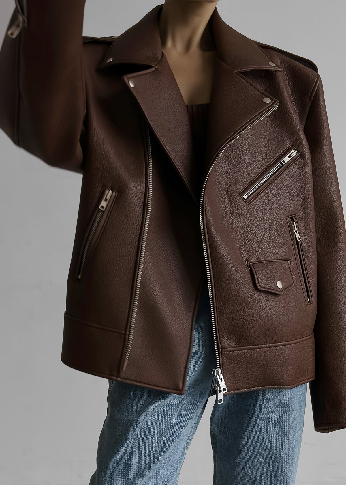 Chicago Oversized Biker Jacket - Brown - 11