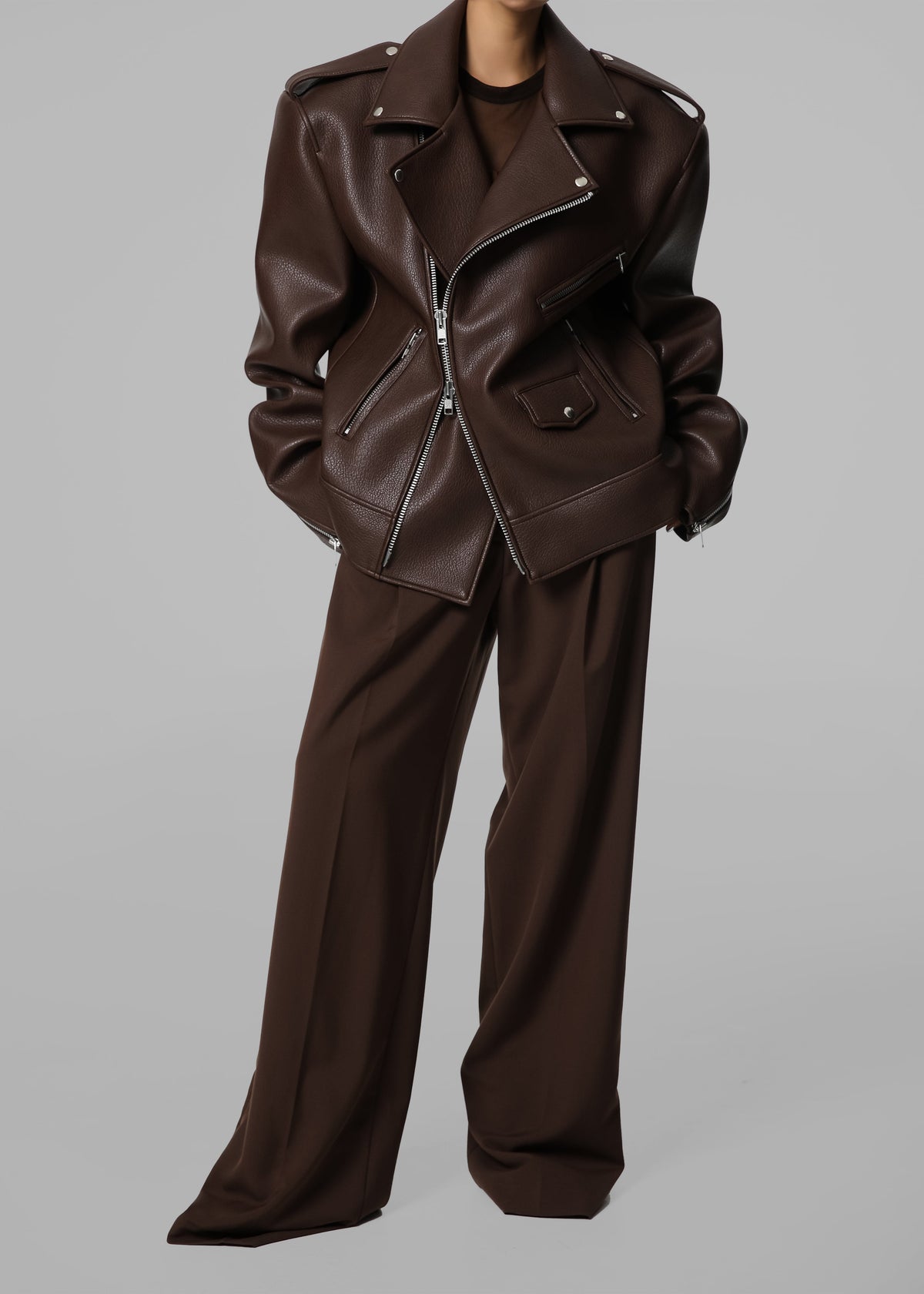 Chicago Oversized Biker Jacket - Brown - 8