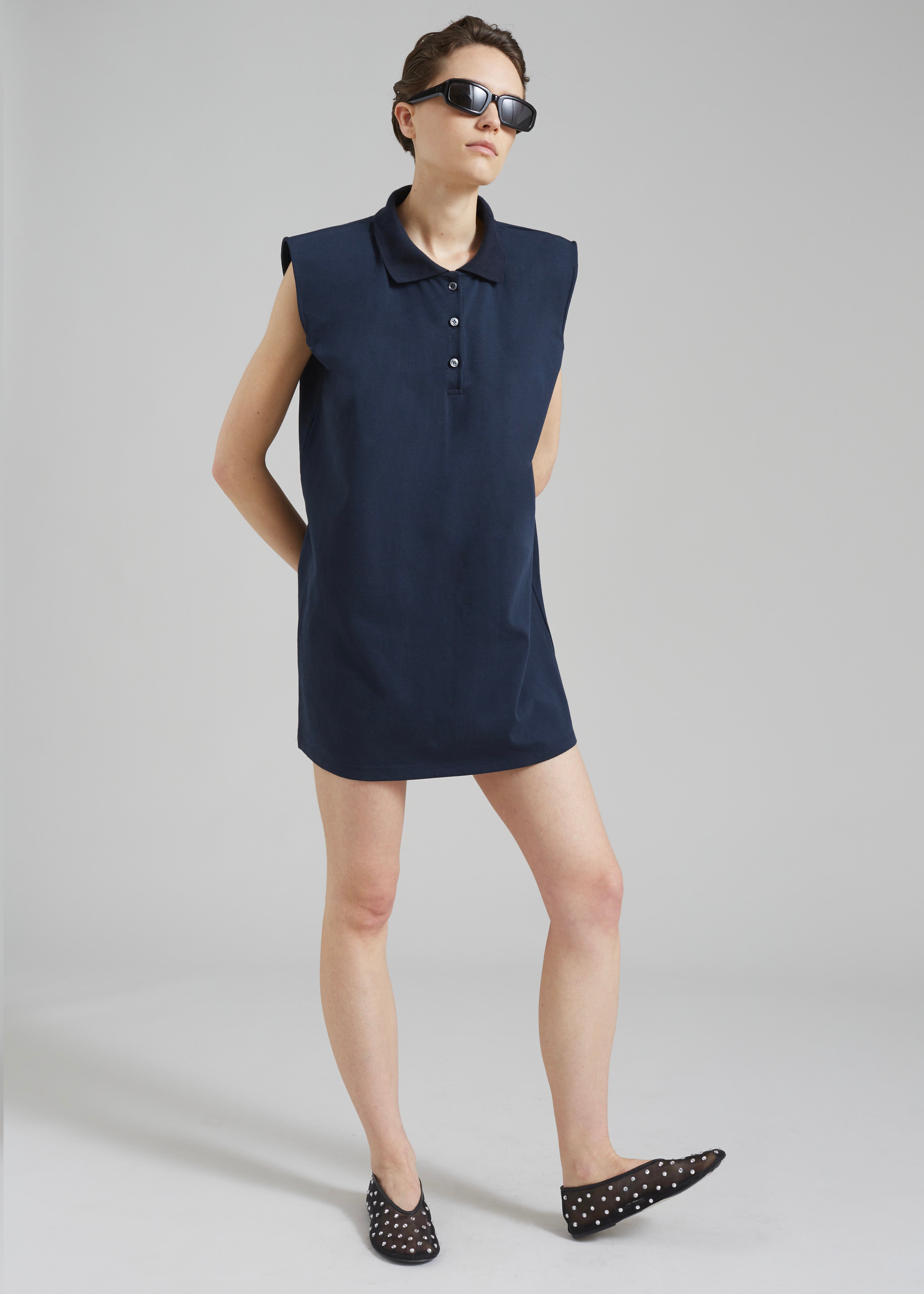 Chris Polo Padded Shoulders Mini Dress - Navy - 1