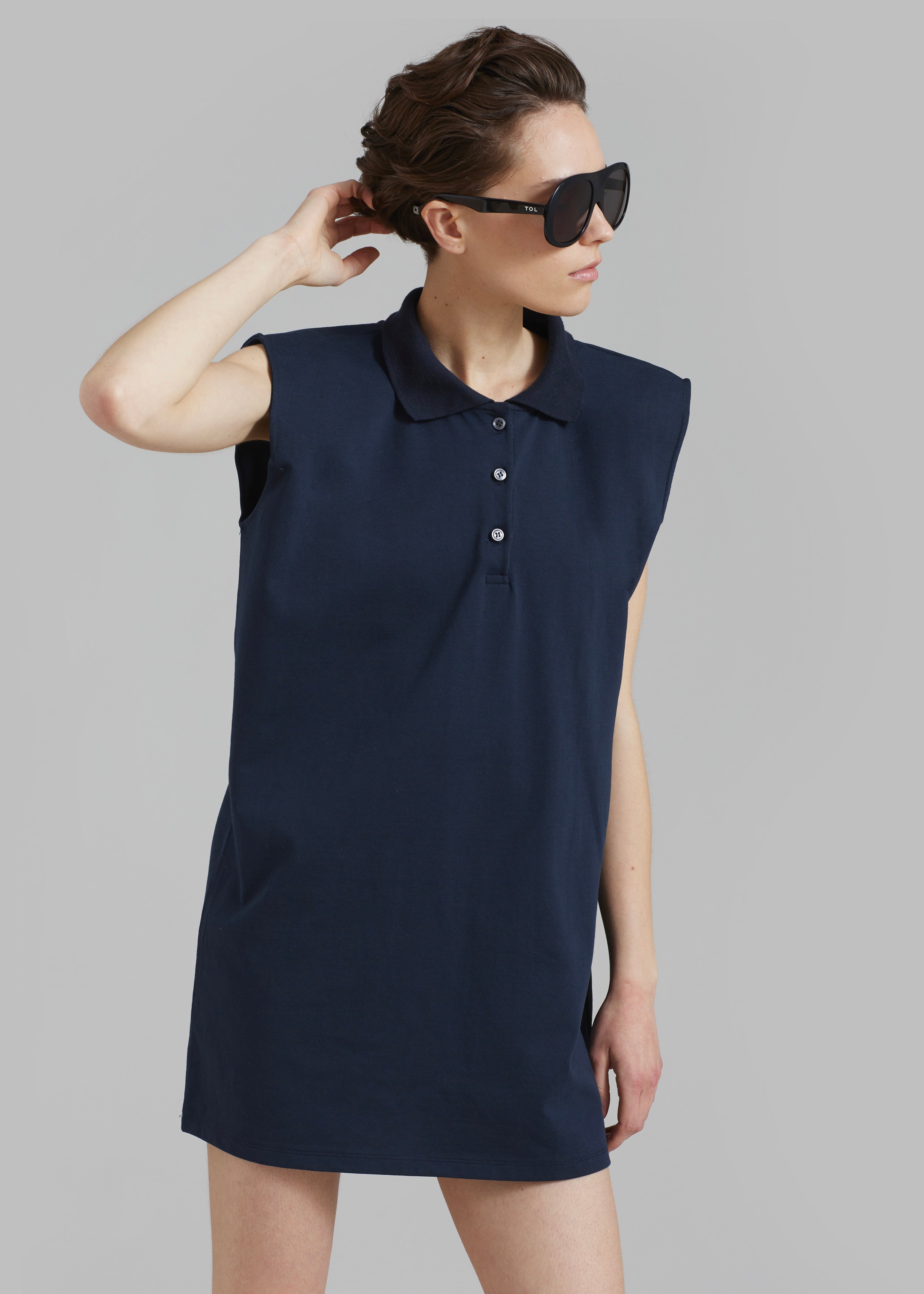 Chris Polo Padded Shoulders Mini Dress - Navy - 5