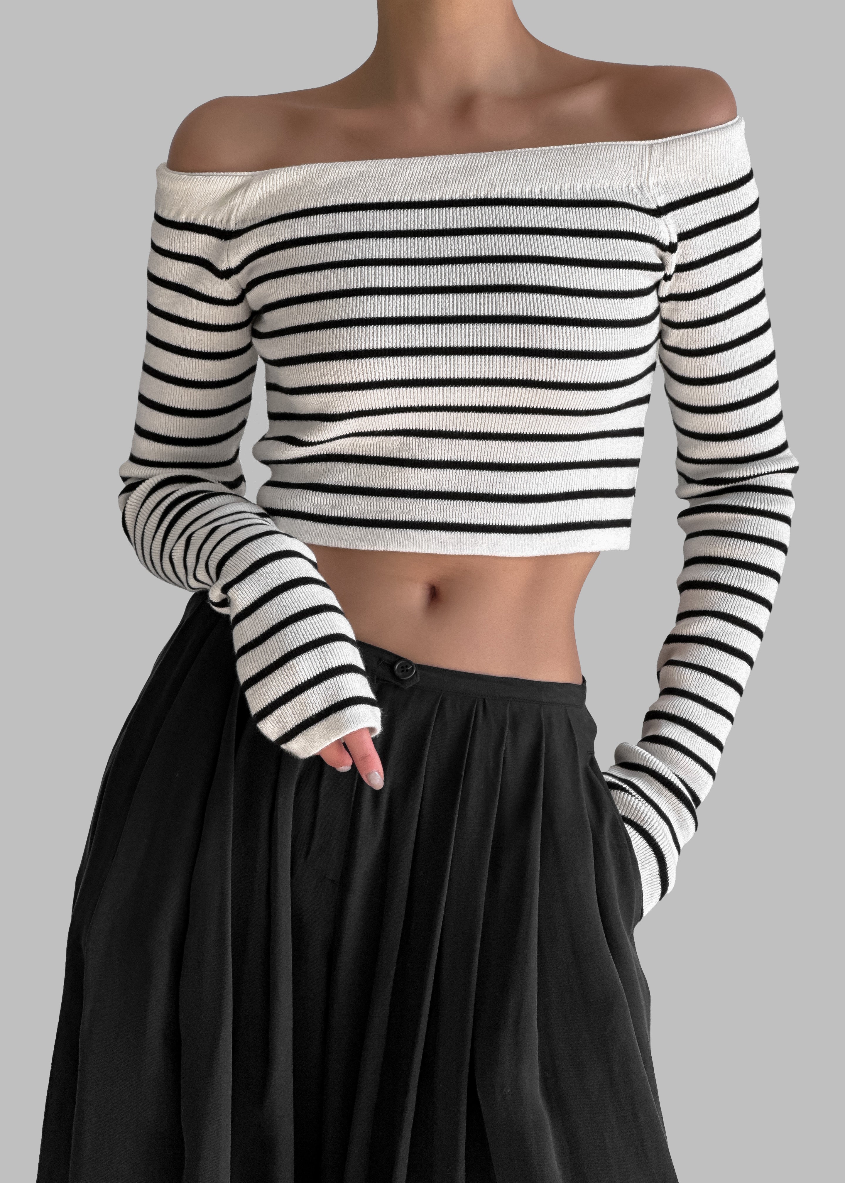 Coco White Off Shoulder Sweater - Black Stripe - 4