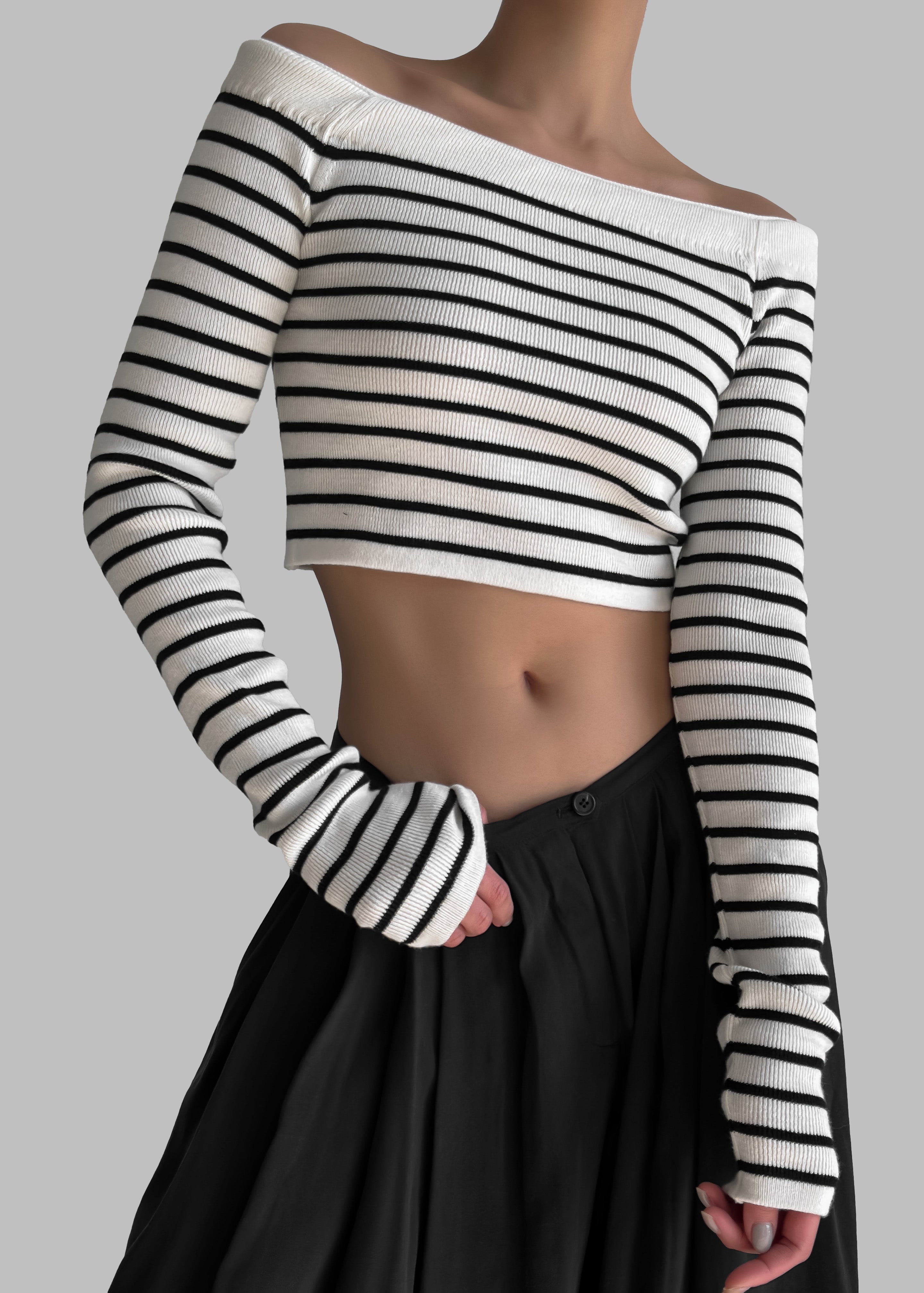 Coco White Off Shoulder Sweater - Black Stripe - 1
