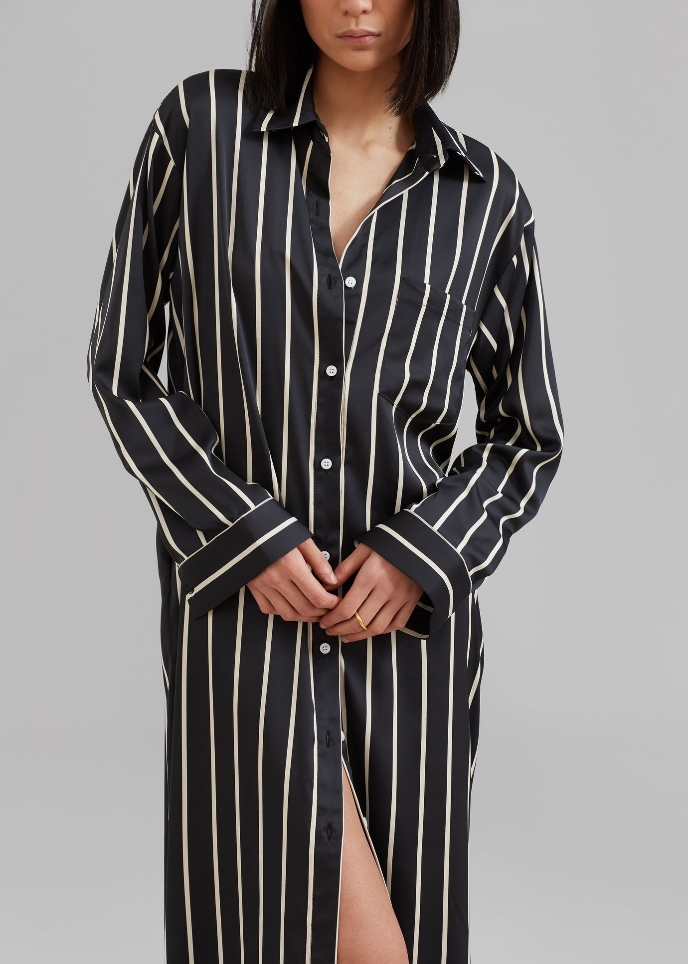 Cala Satin Shirt Dress - Beige Stripe