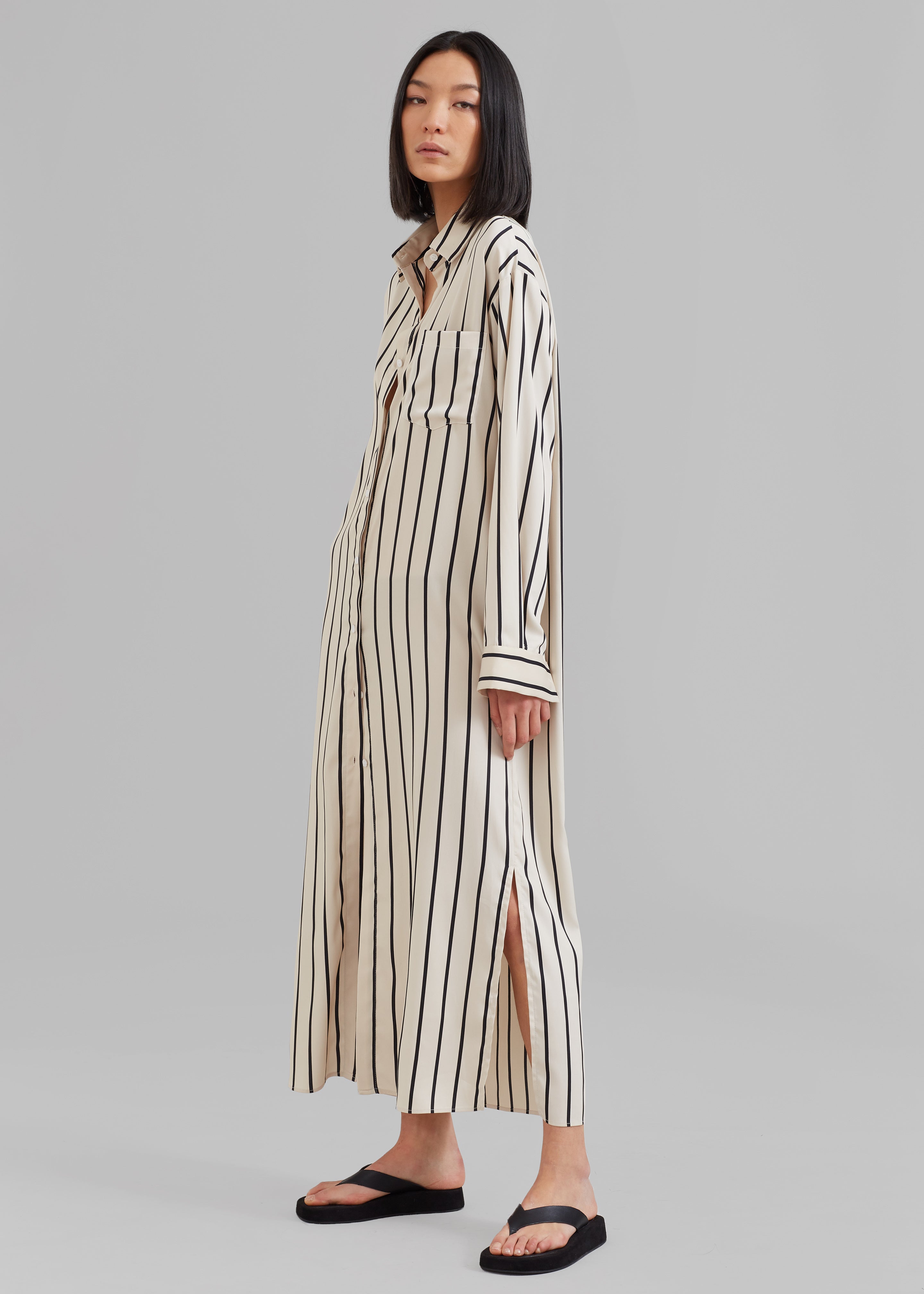 Cala Satin Shirt Dress - Black Stripe - 1