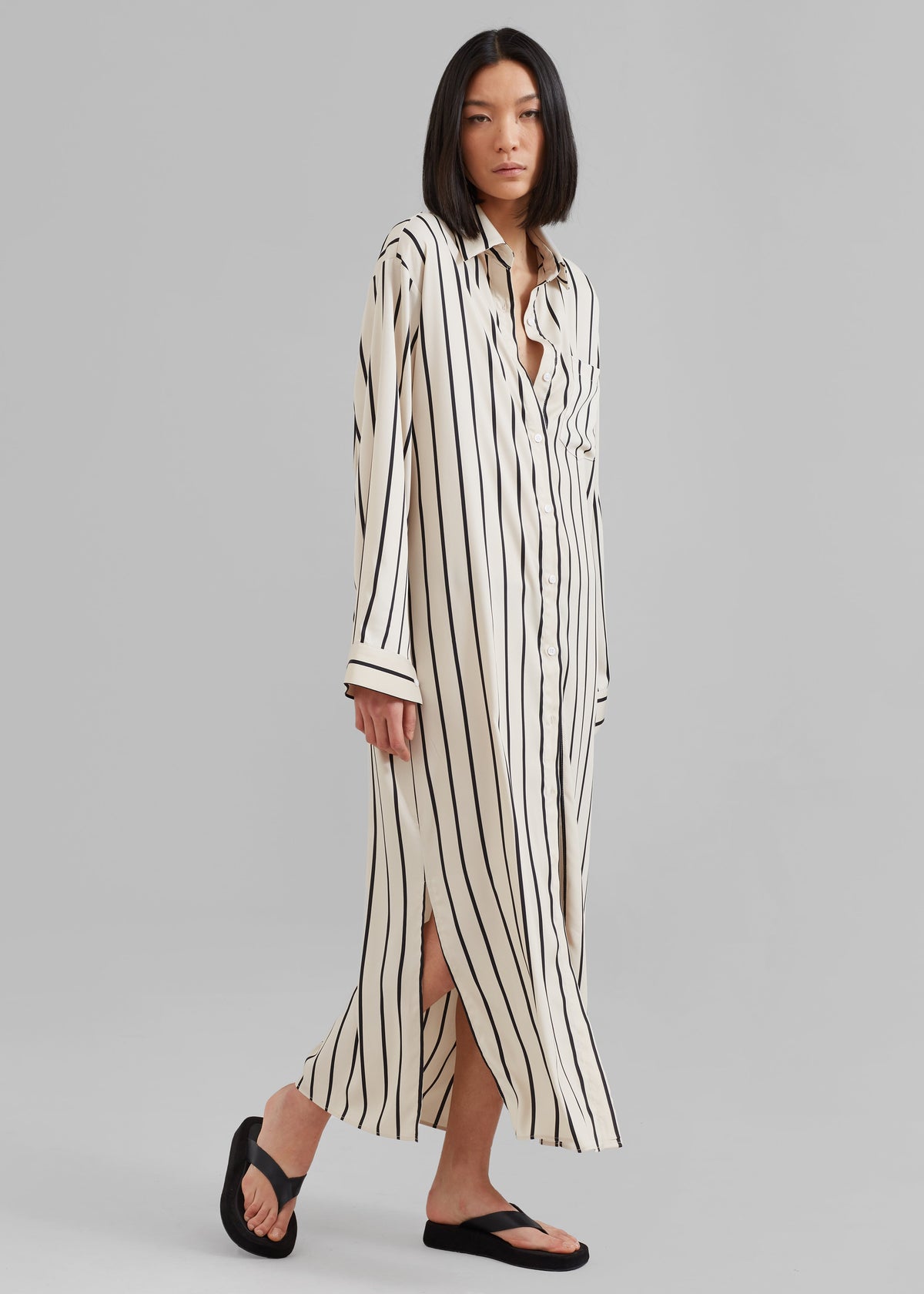 Cala Satin Shirt Dress - Black Stripe - 5