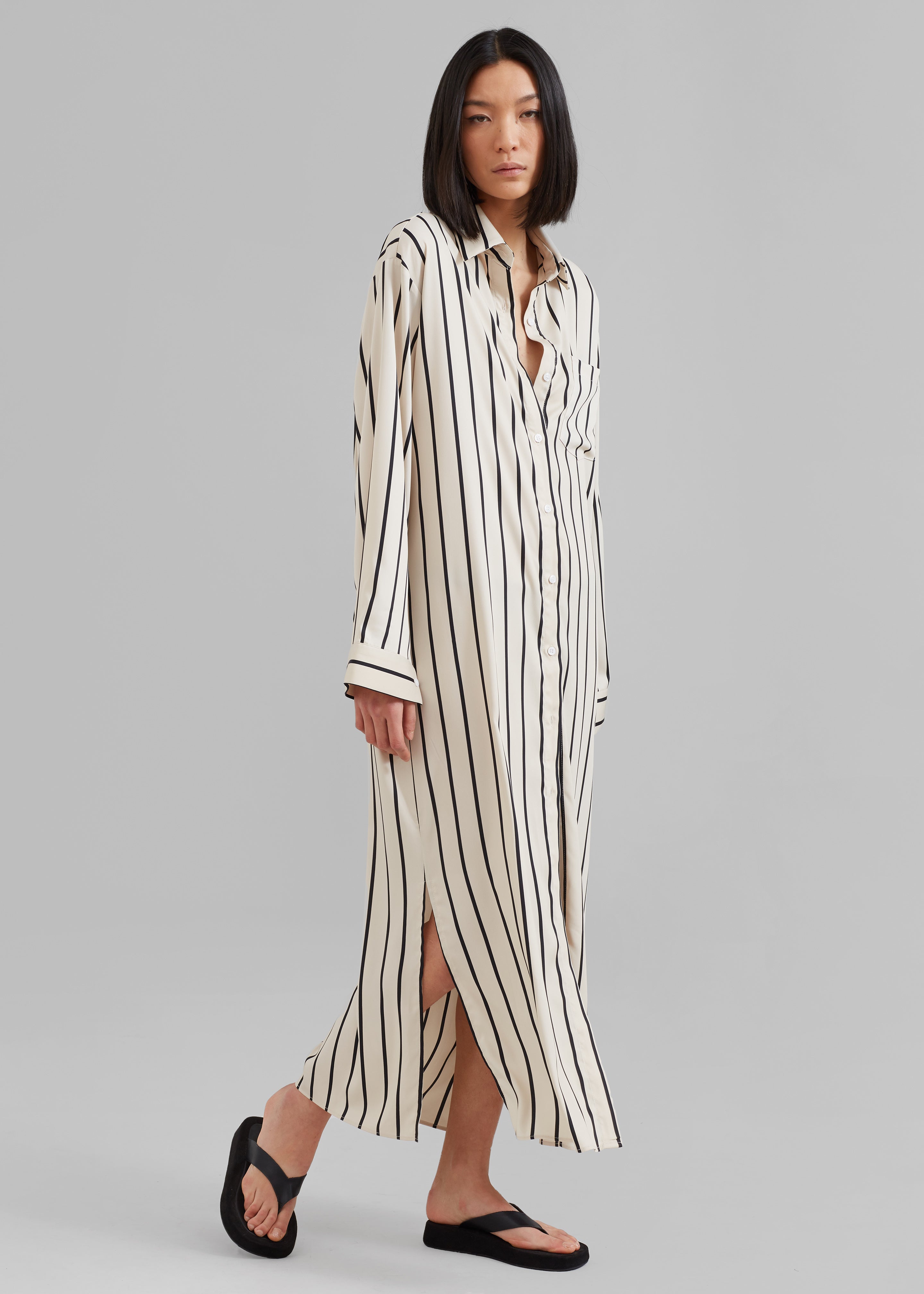 Cala Satin Shirt Dress - Black Stripe - 5