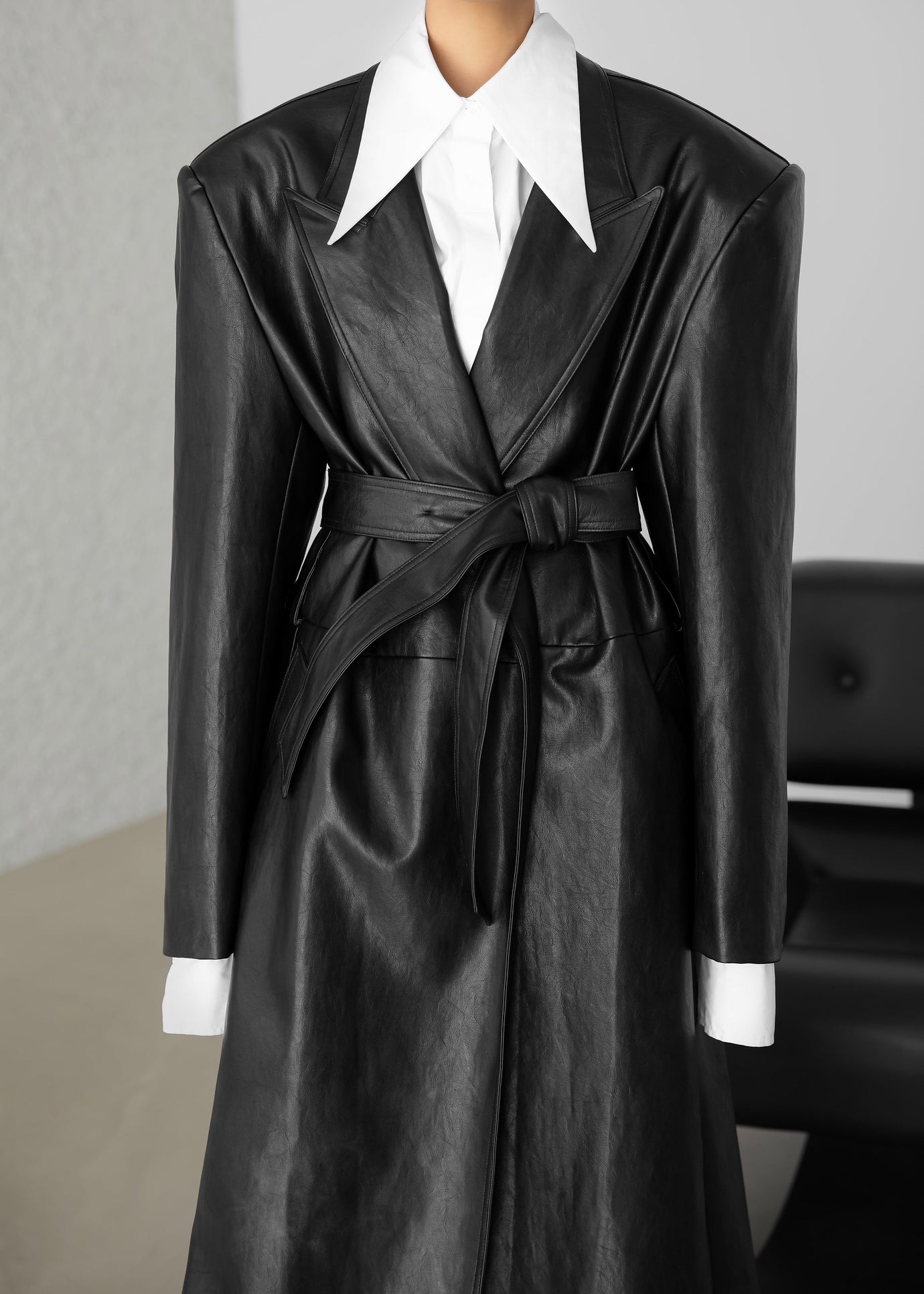 Connie Faux Leather Belted Trench Coat - Black - 1