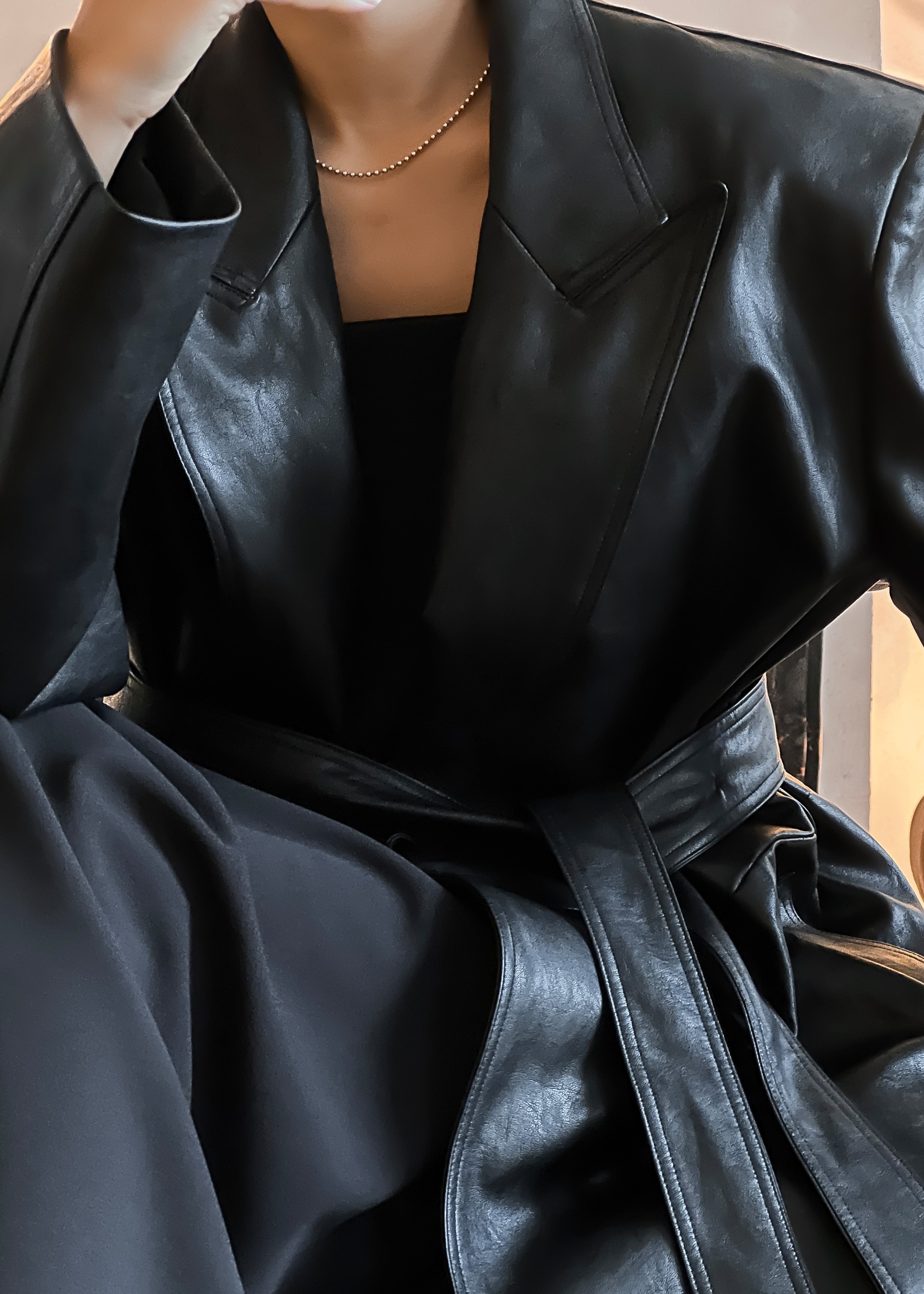 Connie Faux Leather Belted Trench Coat - Black - 4