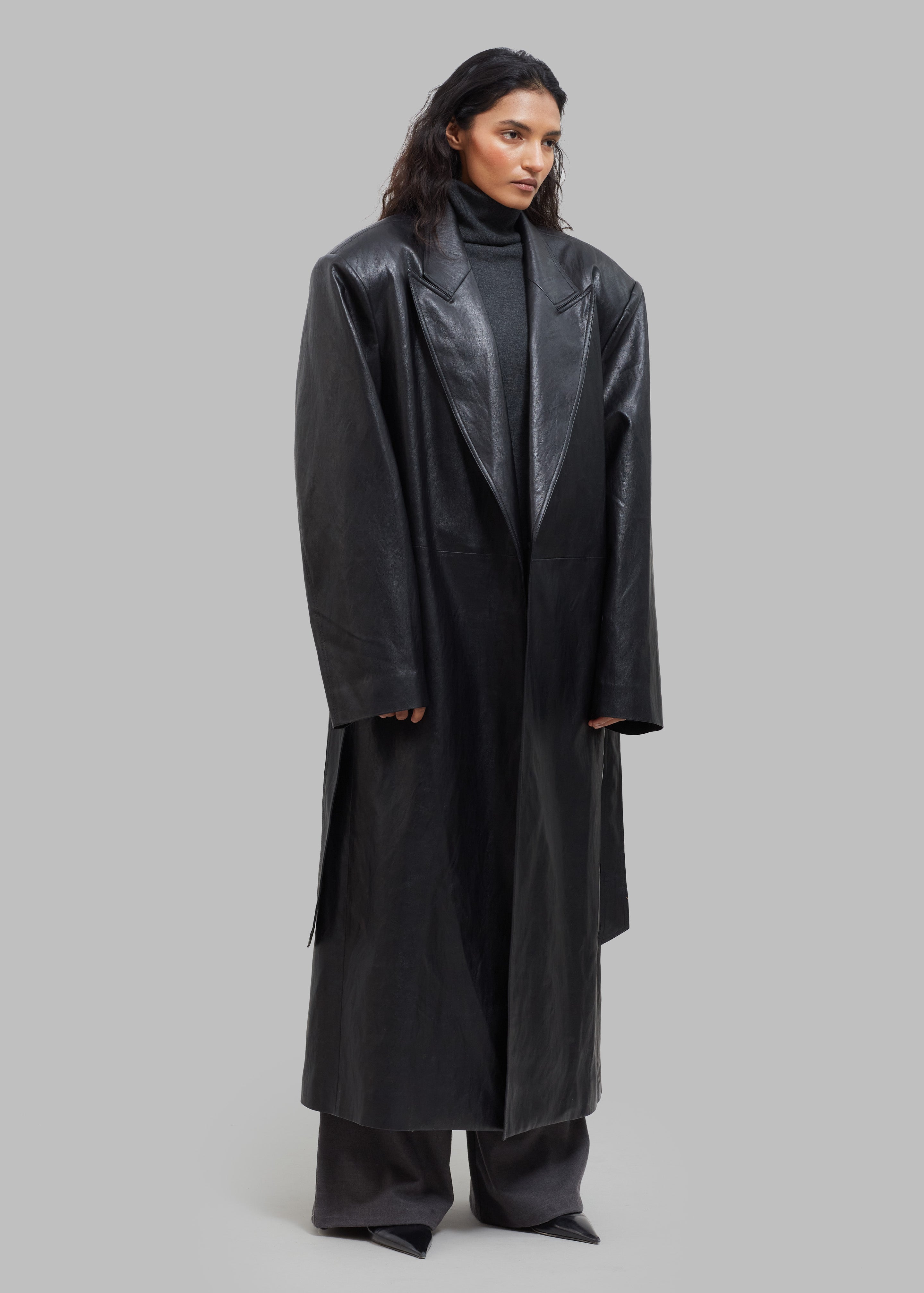 Connie Faux Leather Belted Trench Coat - Black - 8