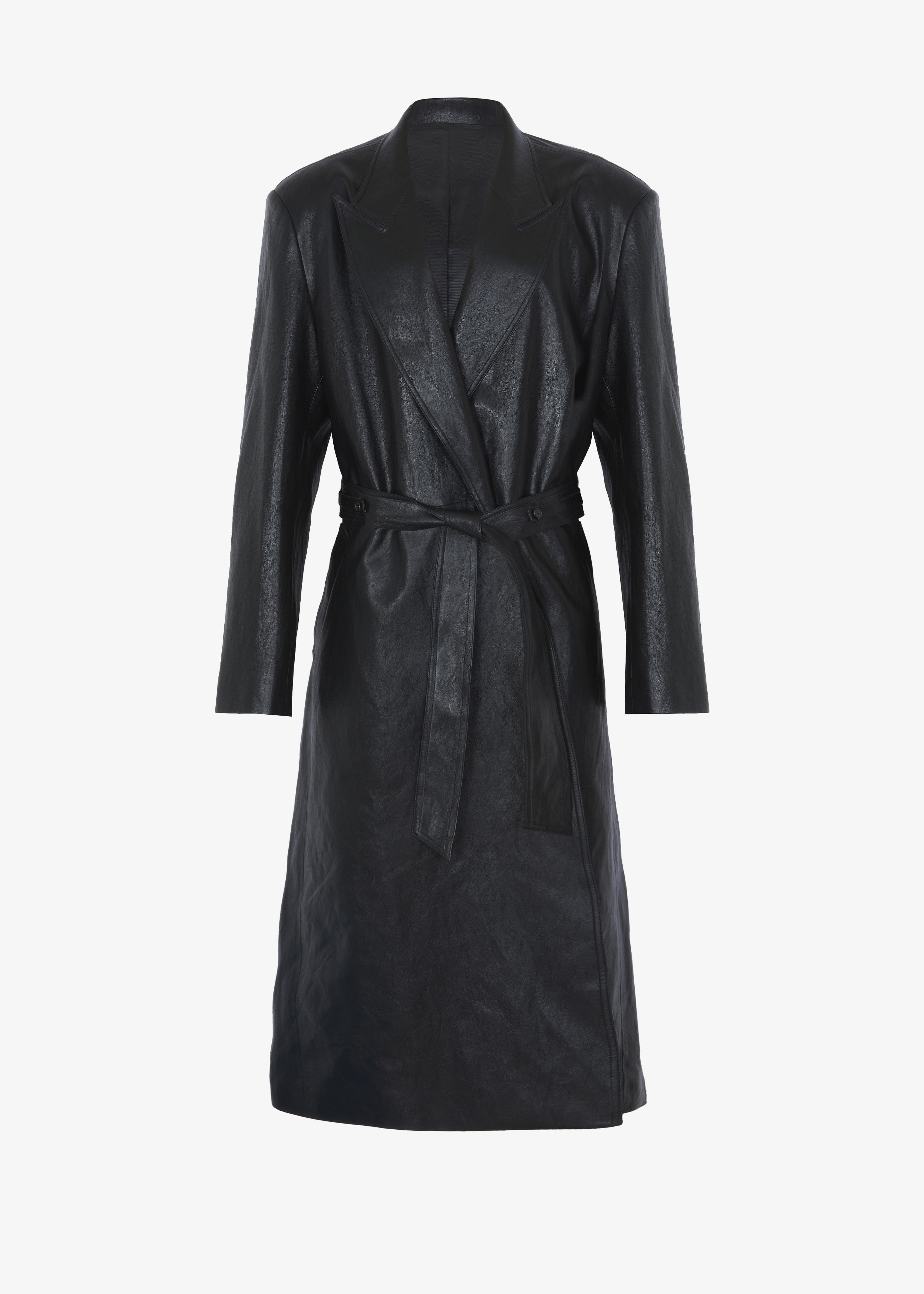 Connie Faux Leather Belted Trench Coat - Black - 12