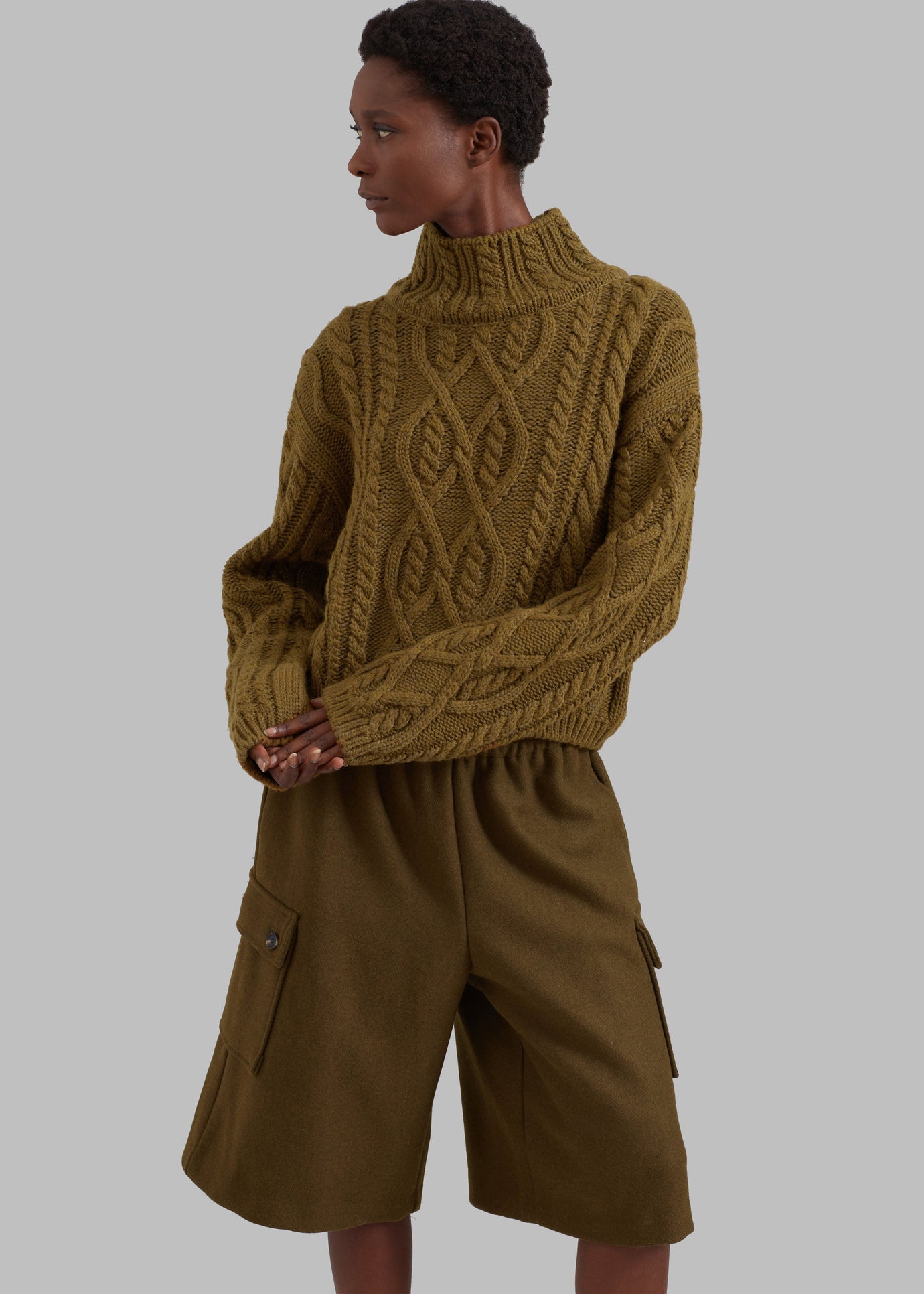 Devi Cable-Knit Mock Neck Sweater - Khaki Brown - 1