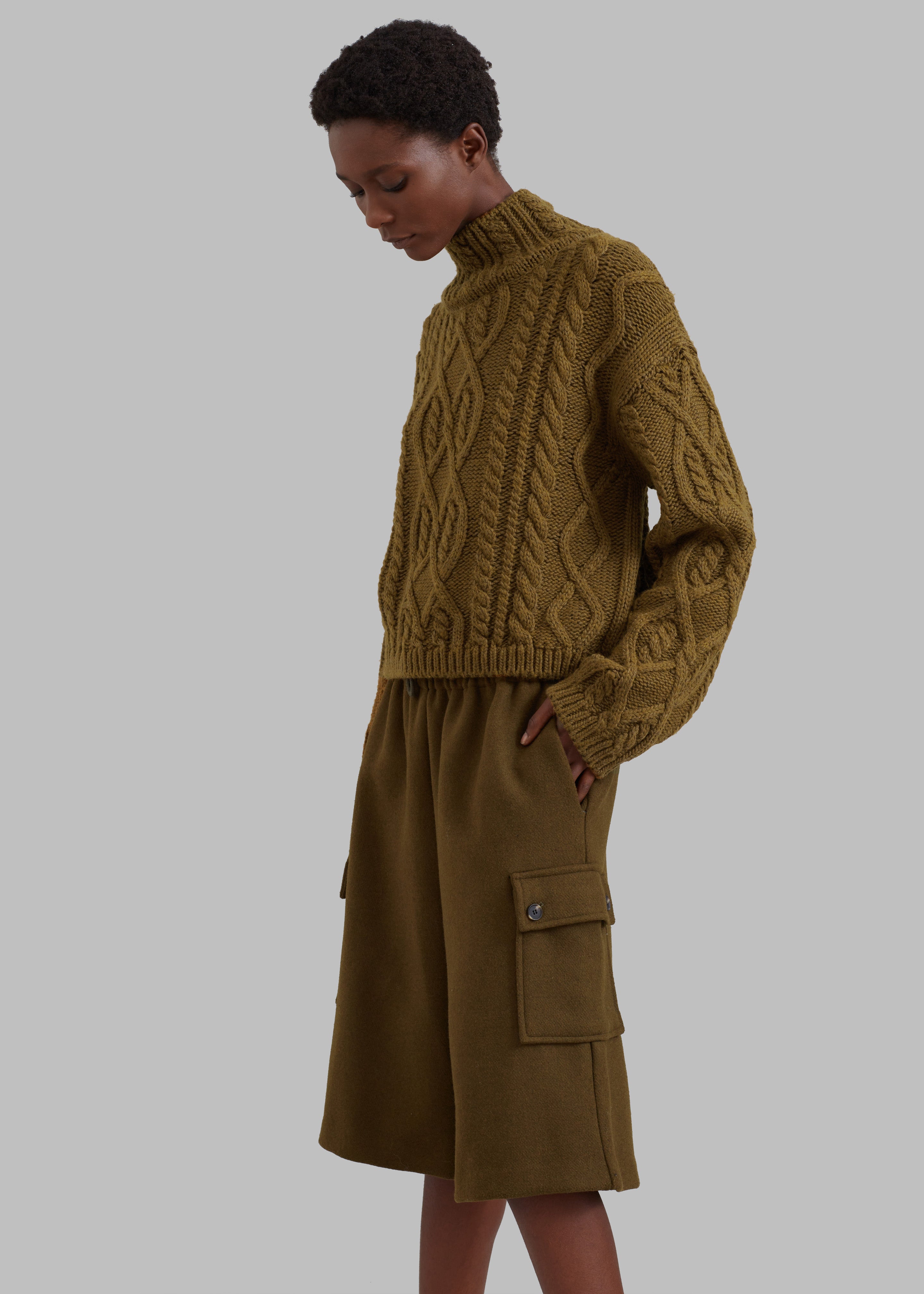 Devi Cable-Knit Mock Neck Sweater - Khaki Brown - 7
