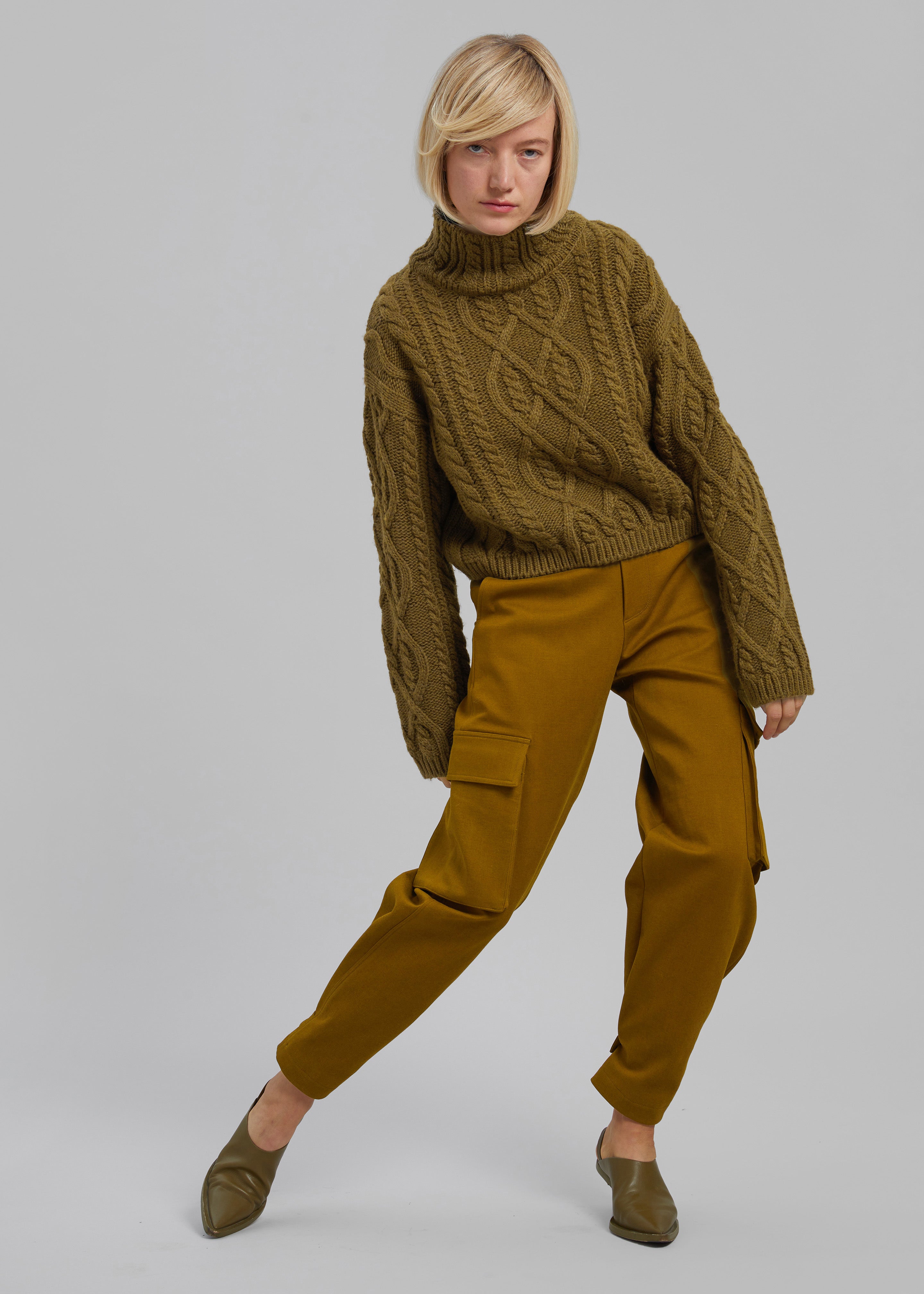 Devi Cable-Knit Mock Neck Sweater - Khaki Brown - 3