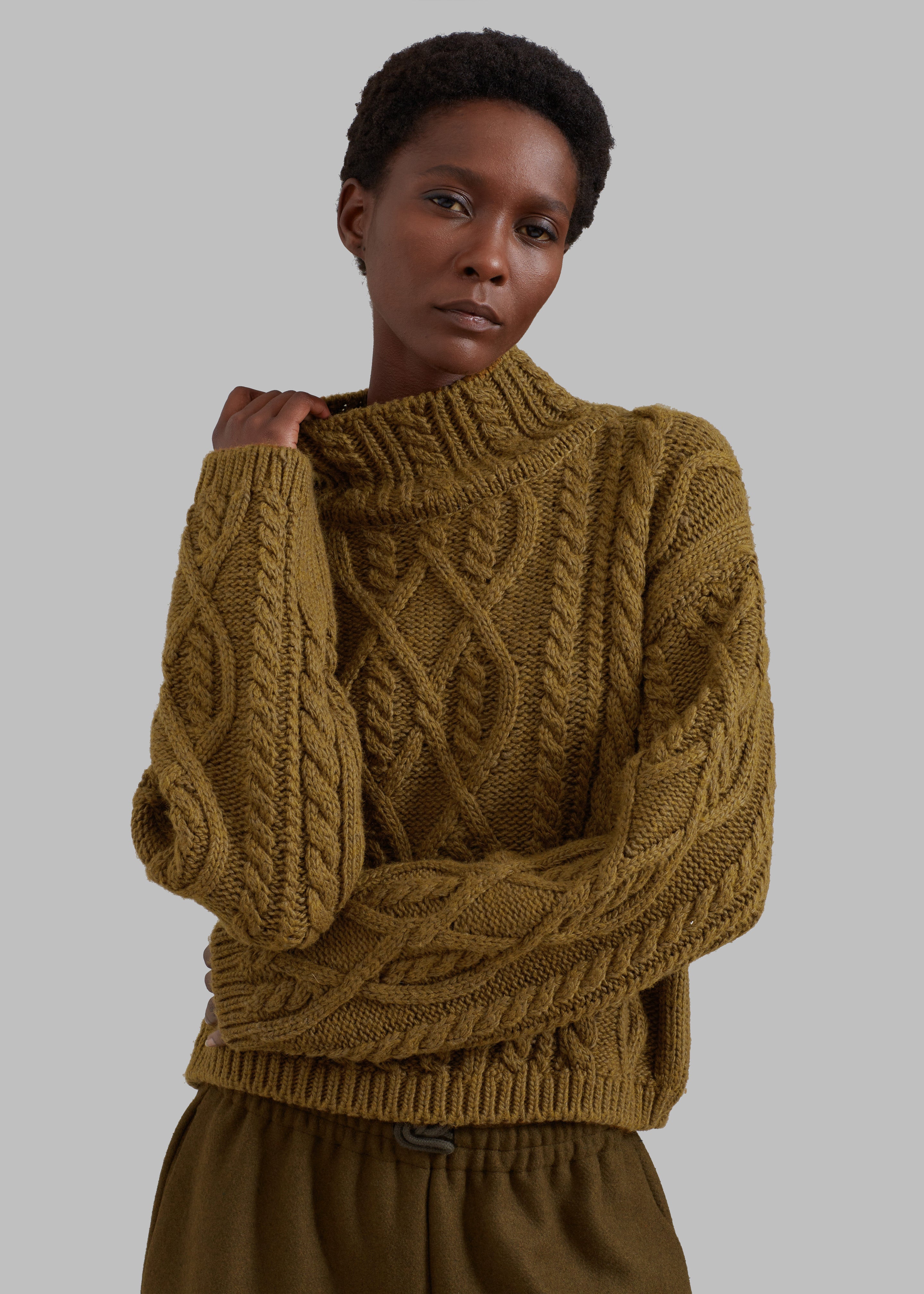 Devi Cable-Knit Mock Neck Sweater - Khaki Brown - 1
