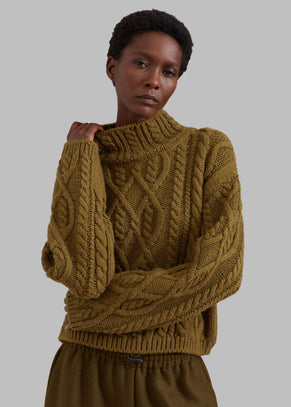 Devi Cable-Knit Mock Neck Sweater - Khaki Brown
