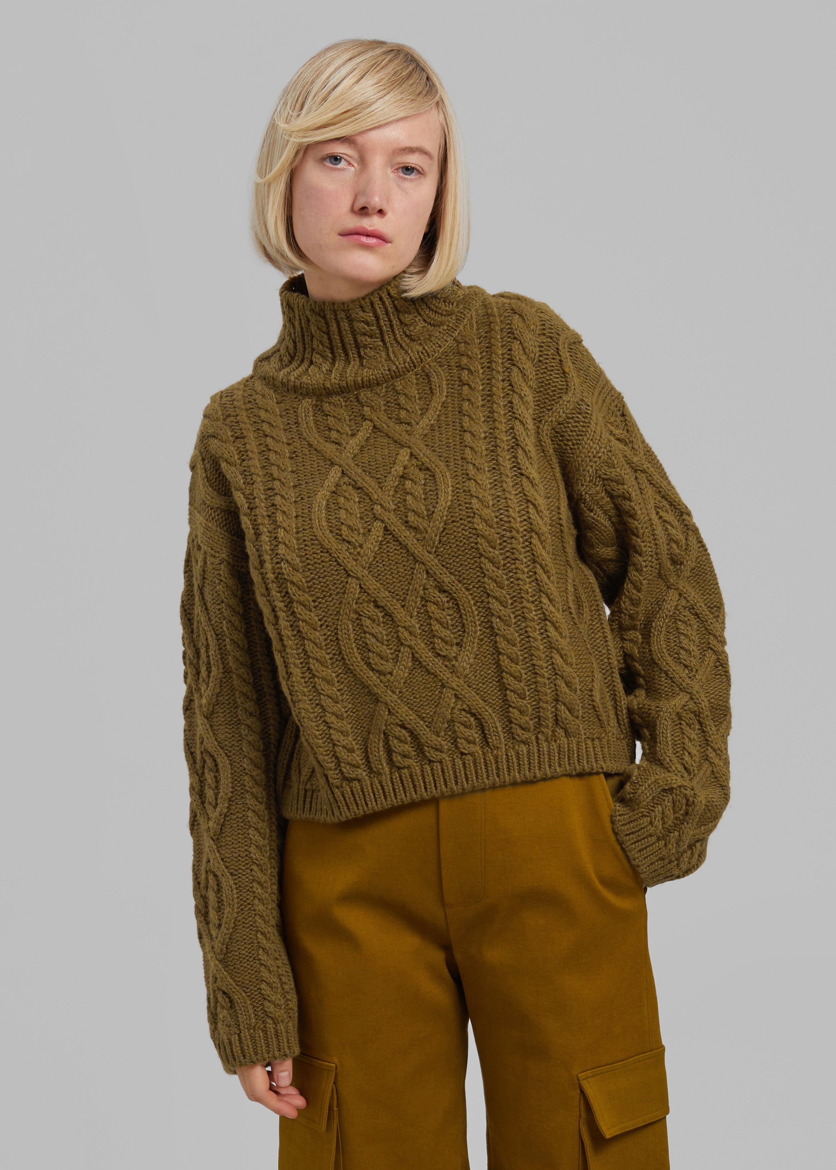 Devi Cable-Knit Mock Neck Sweater - Khaki Brown - 4