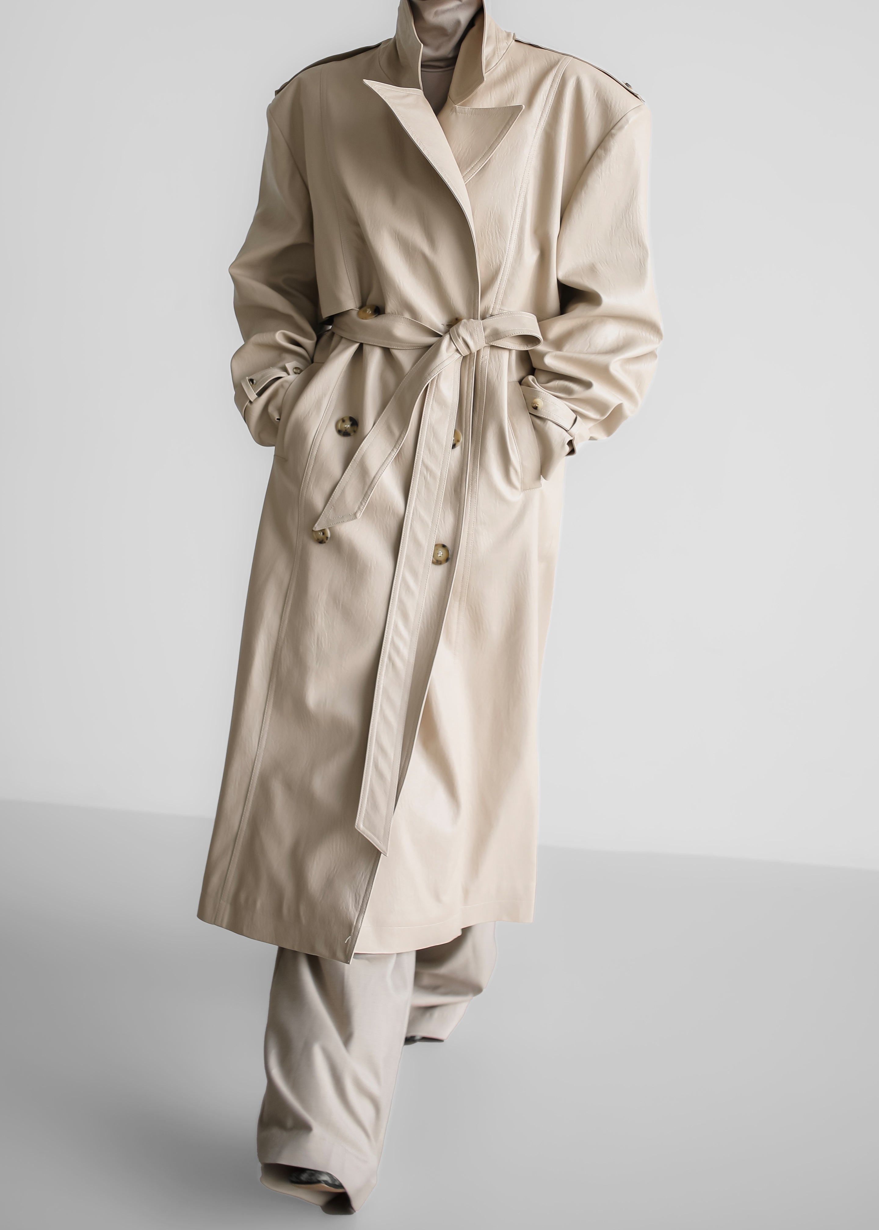 Diana Faux Leather Trench Coat - Beige - 4