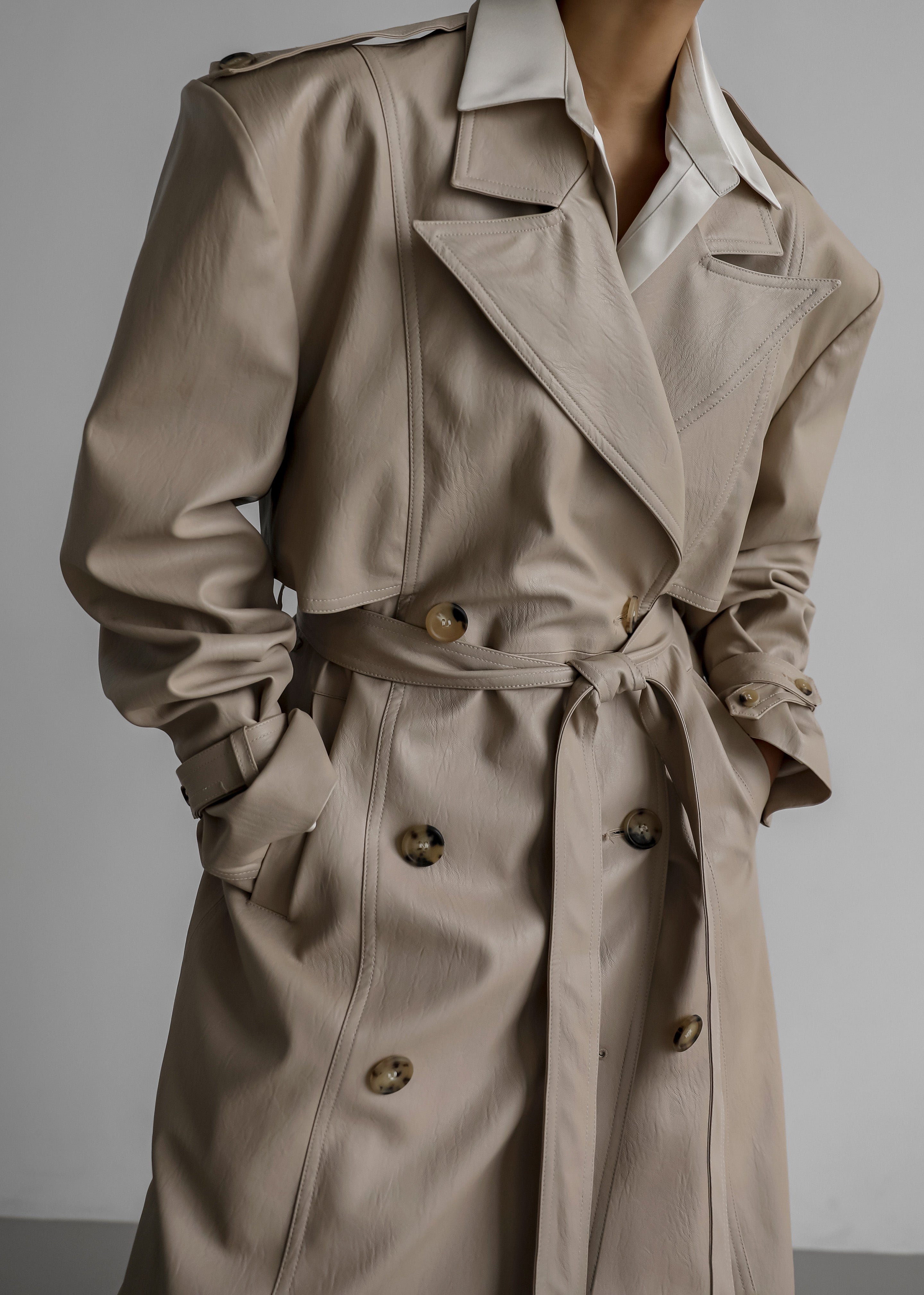 Diana Faux Leather Trench Coat - Beige - 3