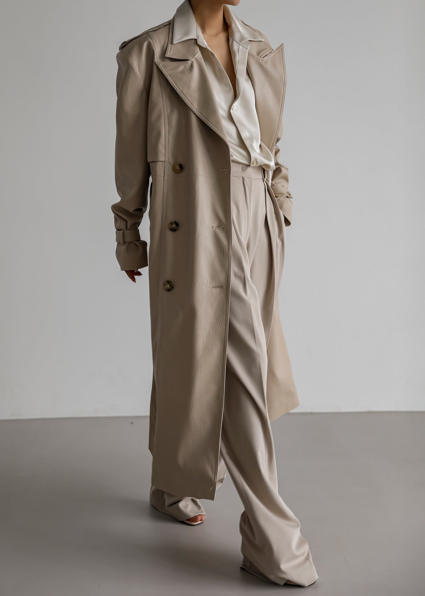 Diana Faux Leather Trench Coat - Beige