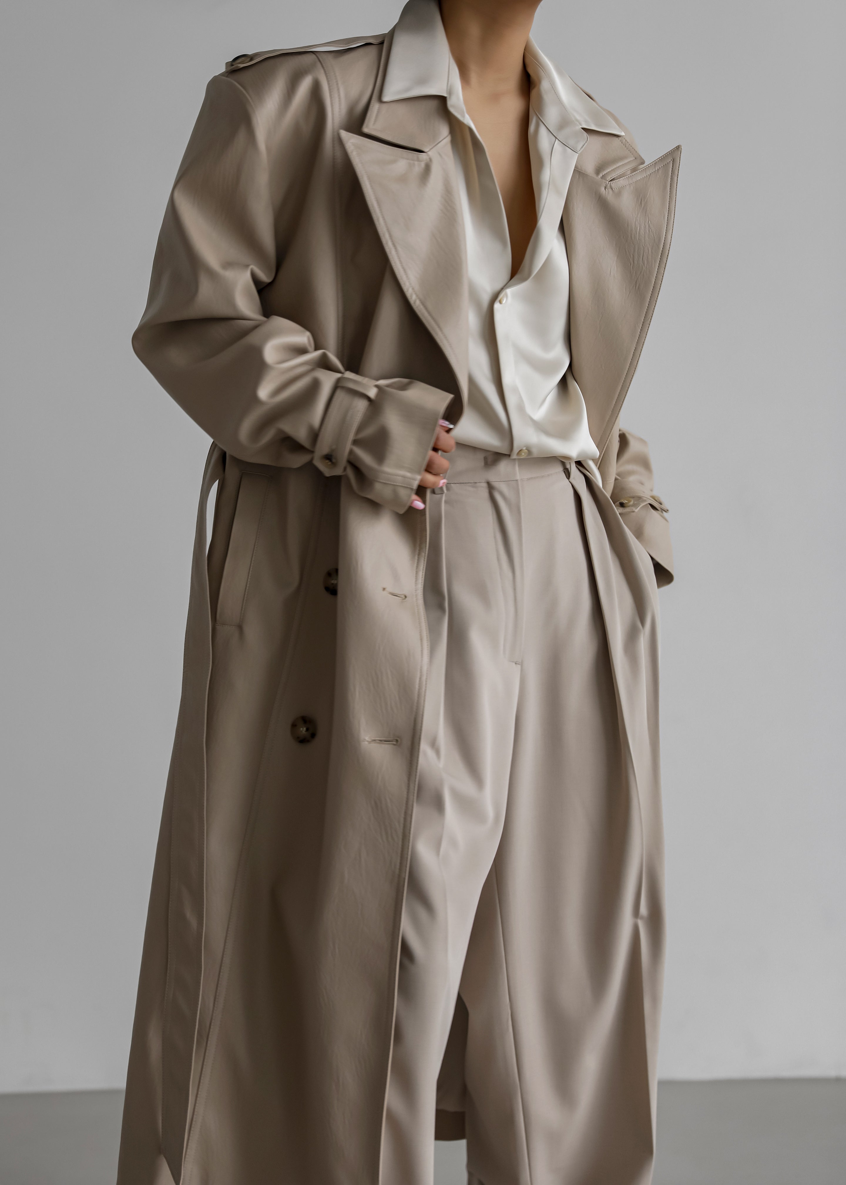 Diana Faux Leather Trench Coat - Beige - 8