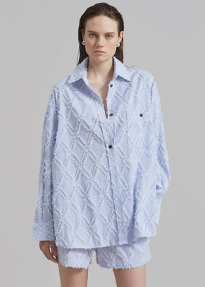 Este Fringe Button Up Shirt - Blue Stripe