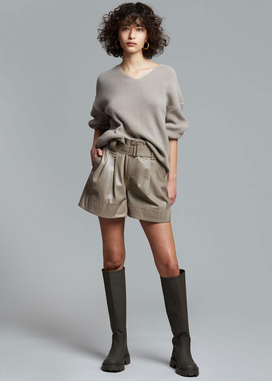 GANNI Belted Leather Shorts - Fossil - 3